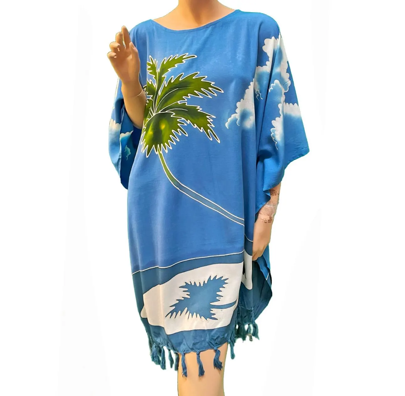 Hand-Painted Rayon Kaftan Top – Maldives Coconut Island, Boho Tunic
