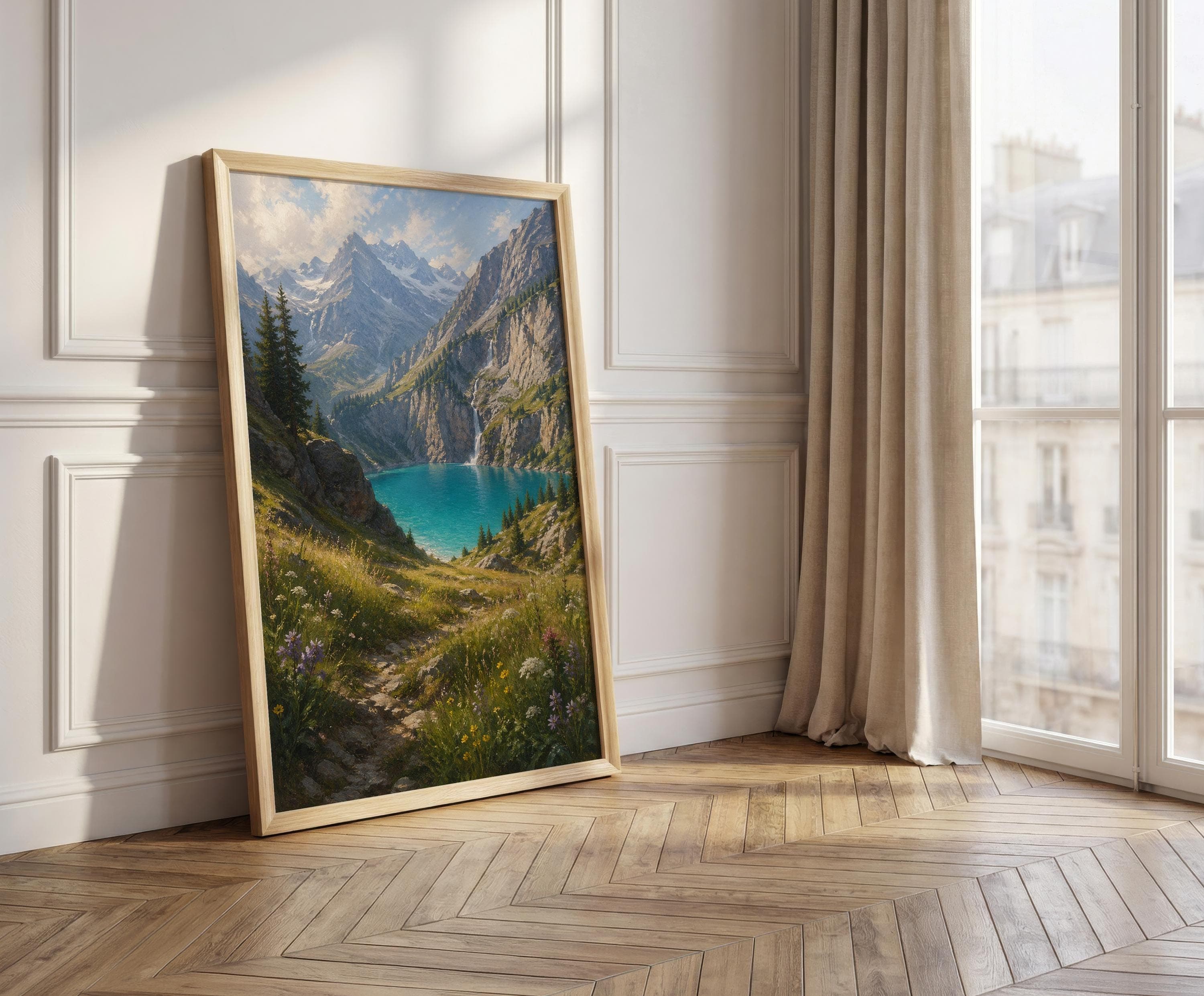 Oeschinen Lake Wall Art Print, Swiss Alps Landscape Painting, Alpine Meadow Decor, Turquoise Lake Artwork, Mountain Print - image 3