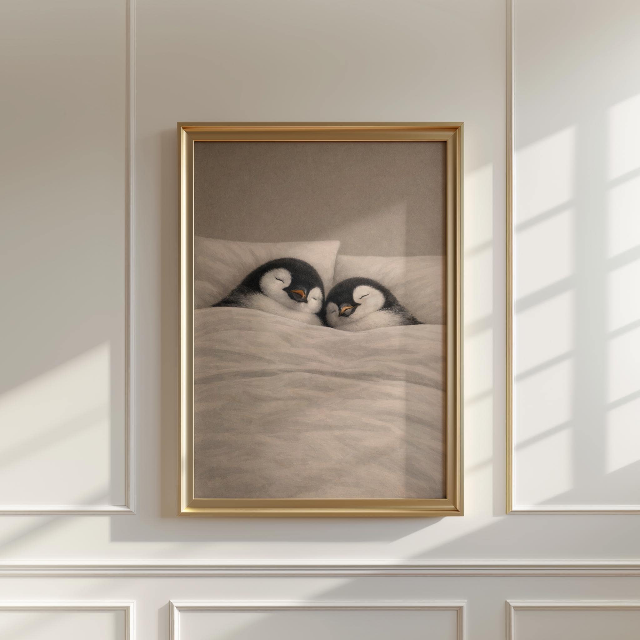 Sleeping Penguins Art Print – Cozy Animal Couple, Neutral Bedroom Decor - image 4