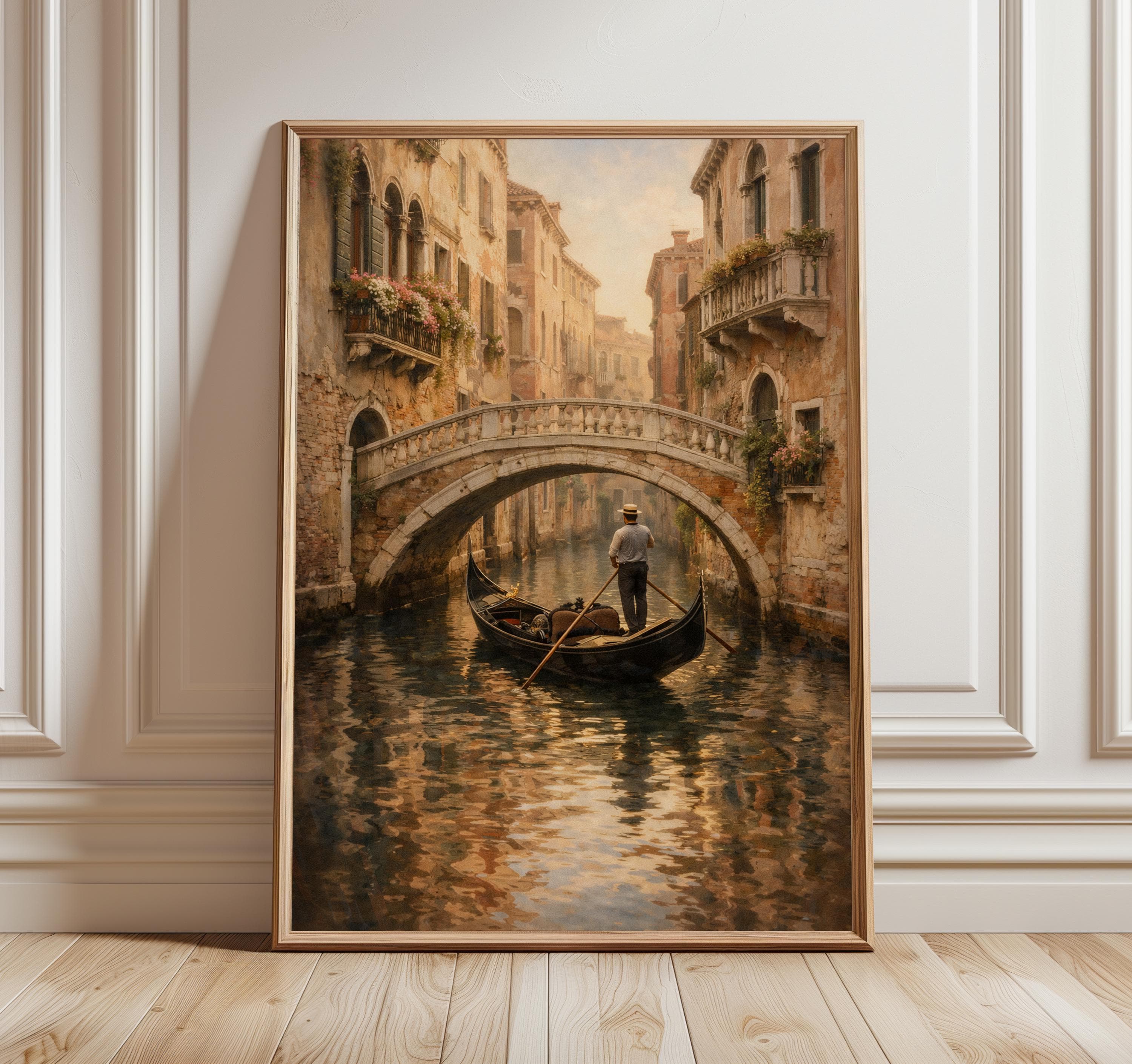 Venice Gondola Wall Art, Canal Bridge Scene, Romantic Italian Cityscape Print, Travel Decor