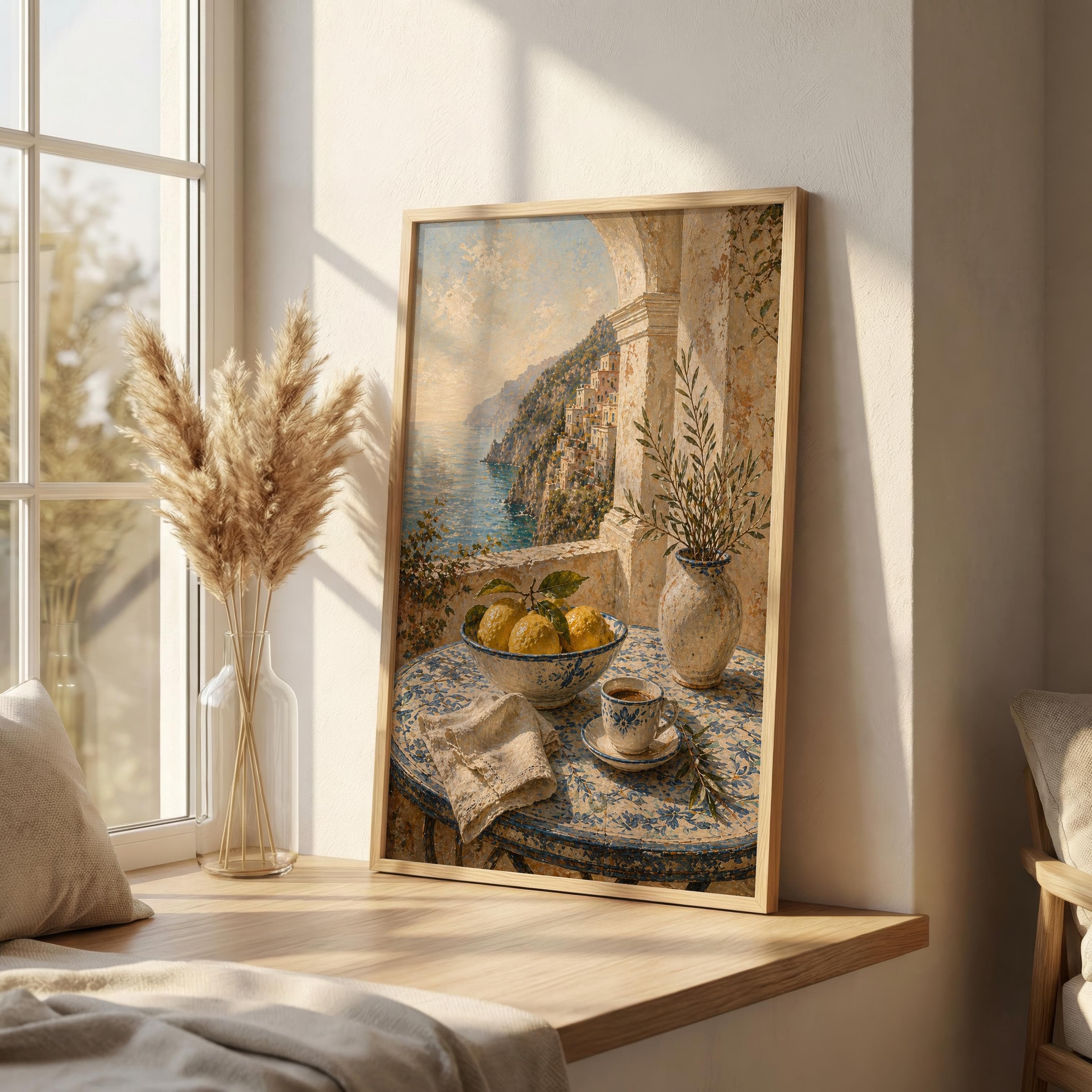 Amalfi Coast Wall Art Print, Italian Lemon Still Life Poster, Mediterranean Kitchen Decor, Blue Ceramic Table Art - image 3