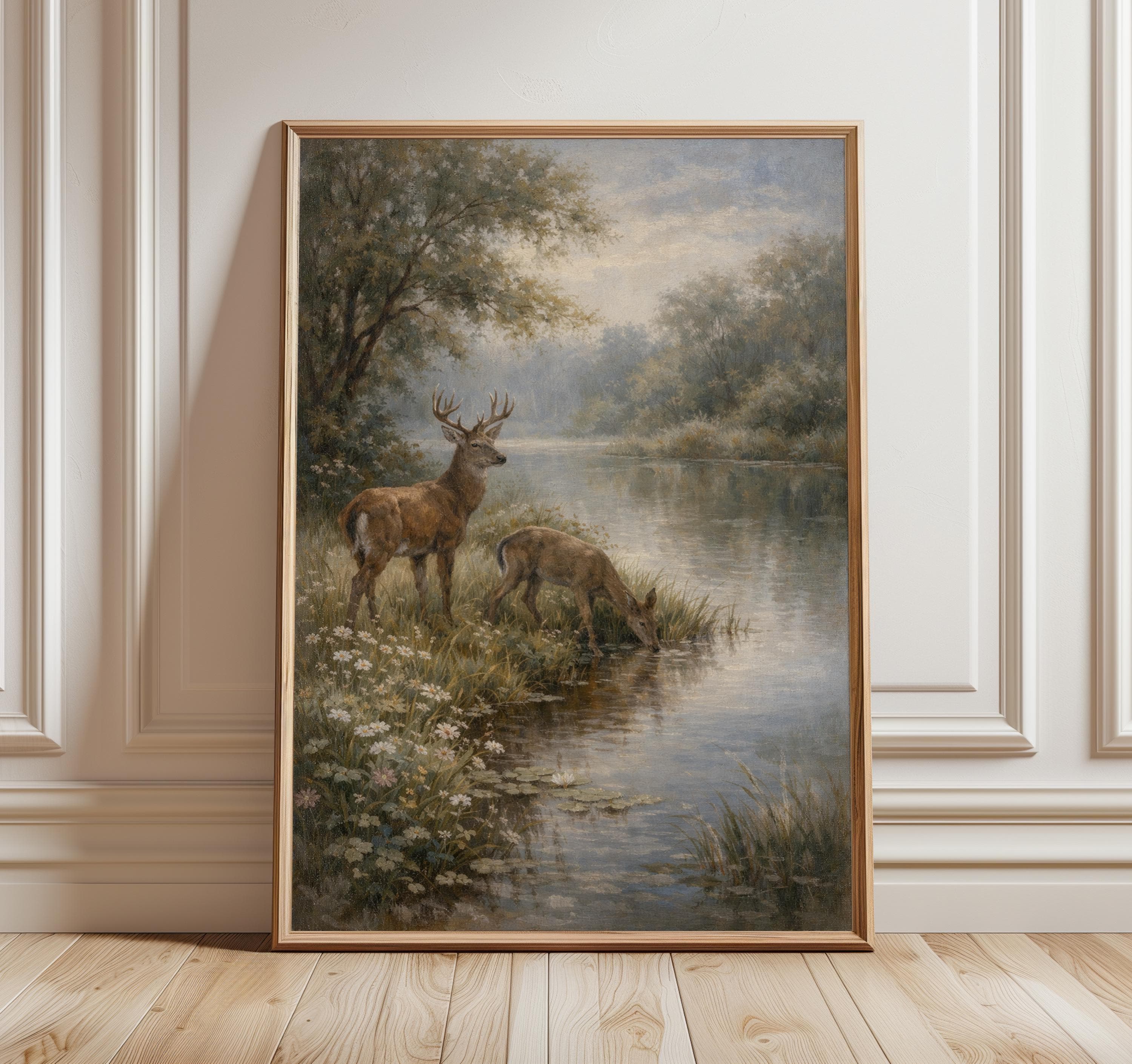 English Countryside Deer Print, Vintage Woodland River Art, Rustic Nature Wall Decor, Cottage Style Landscape Painting