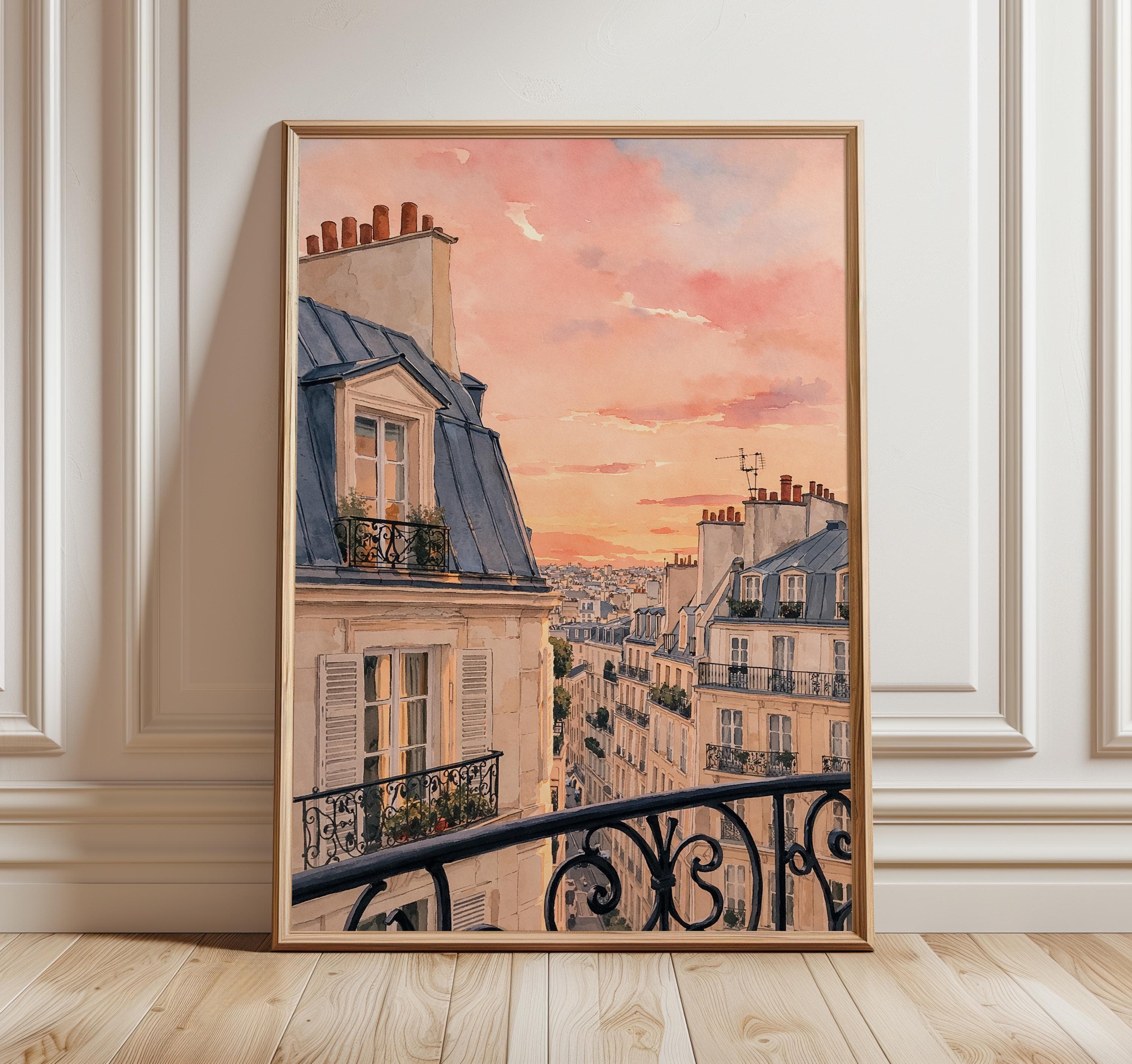 Paris Rooftop Sunset Wall Art, Romantic French Balcony Print, Haussmann Architecture Poster, Parisian View Decor