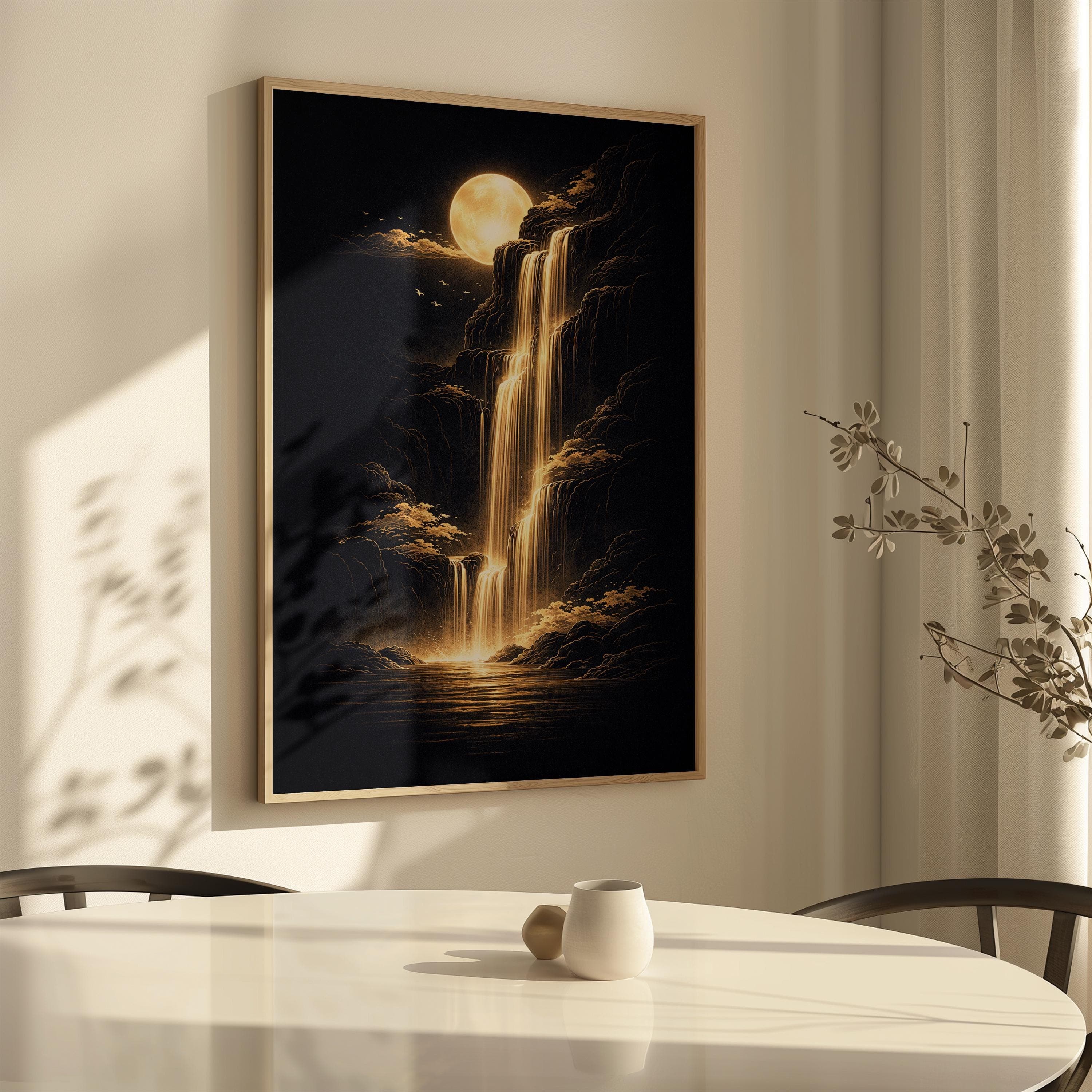 Waterfall Wall Art Gold Black Poster, Moon Waterfall Print, Japandi Wall Art, Zen Landscape Artwork, Luxury Asian Decor - image 5