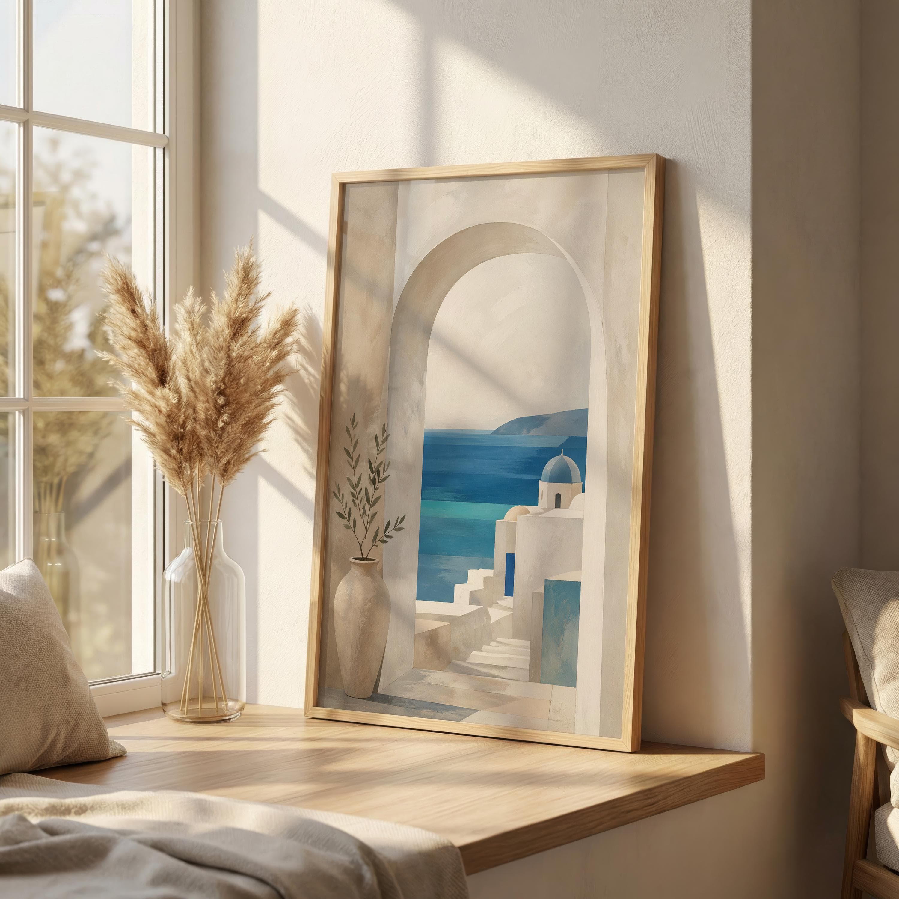 Mediterranean Arch Wall Art, Santorini Minimal Print, Neutral Coastal Decor, Blue Sea View Poster, Japandi Style Wall Art - image 4