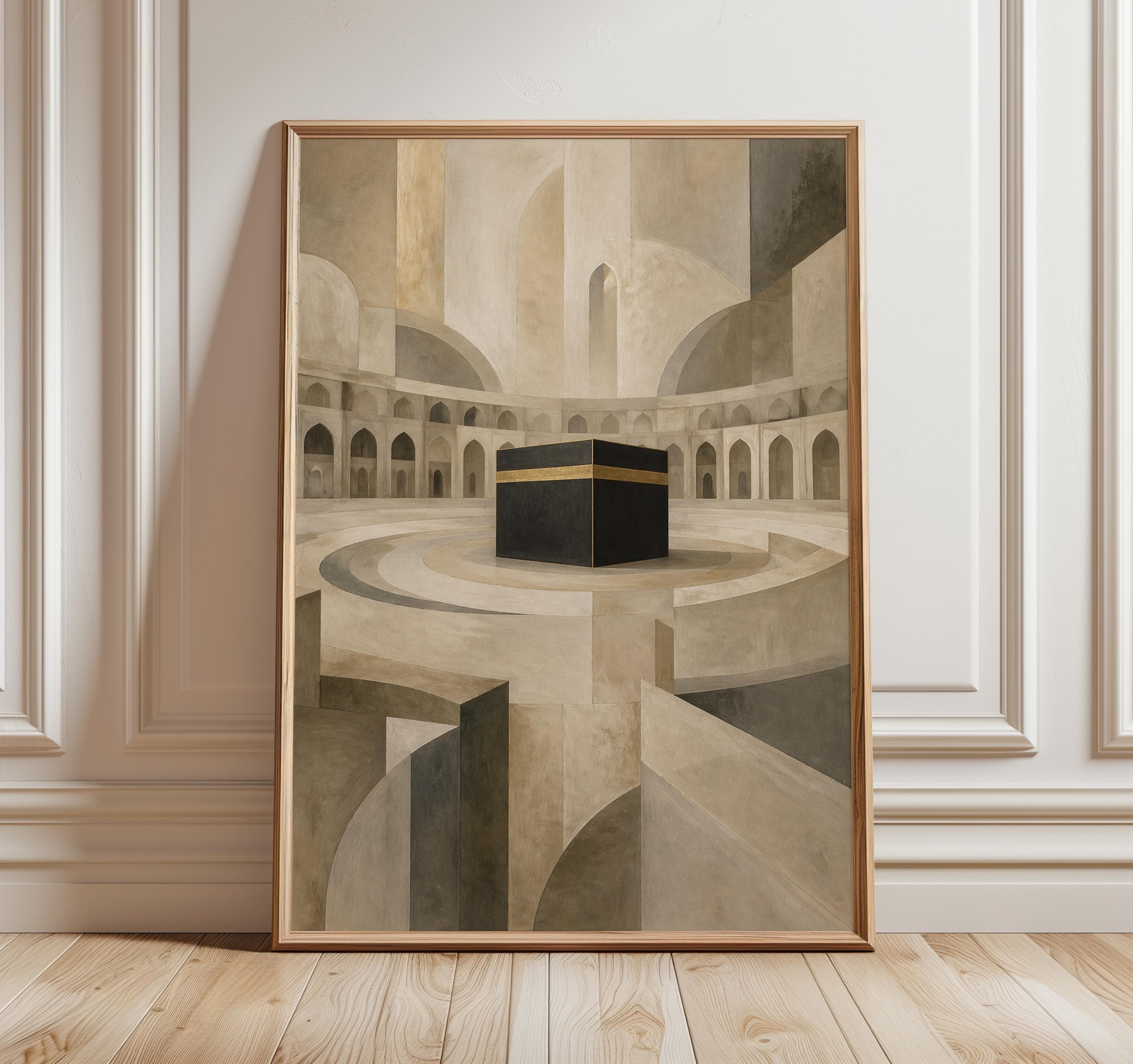 Abstract Mecca Wall Art Print, Kaaba Inspired Islamic Painting, Neutral Sacred Geometry Decor, Modern Muslim Home Art, Beige Minimalist Art