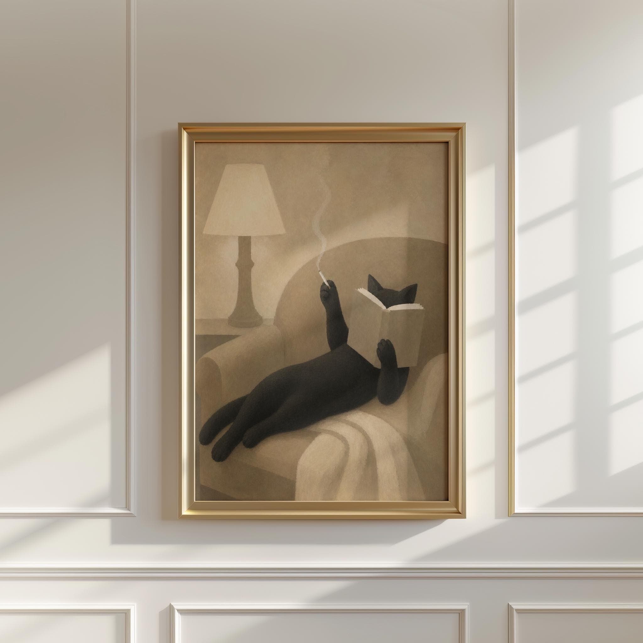 Black Cat Reading Print, Abstract Cat Wall Art, Beige Neutral Cat Poster, Cozy Book Lover Decor, Smoking Cat Painting - image 4