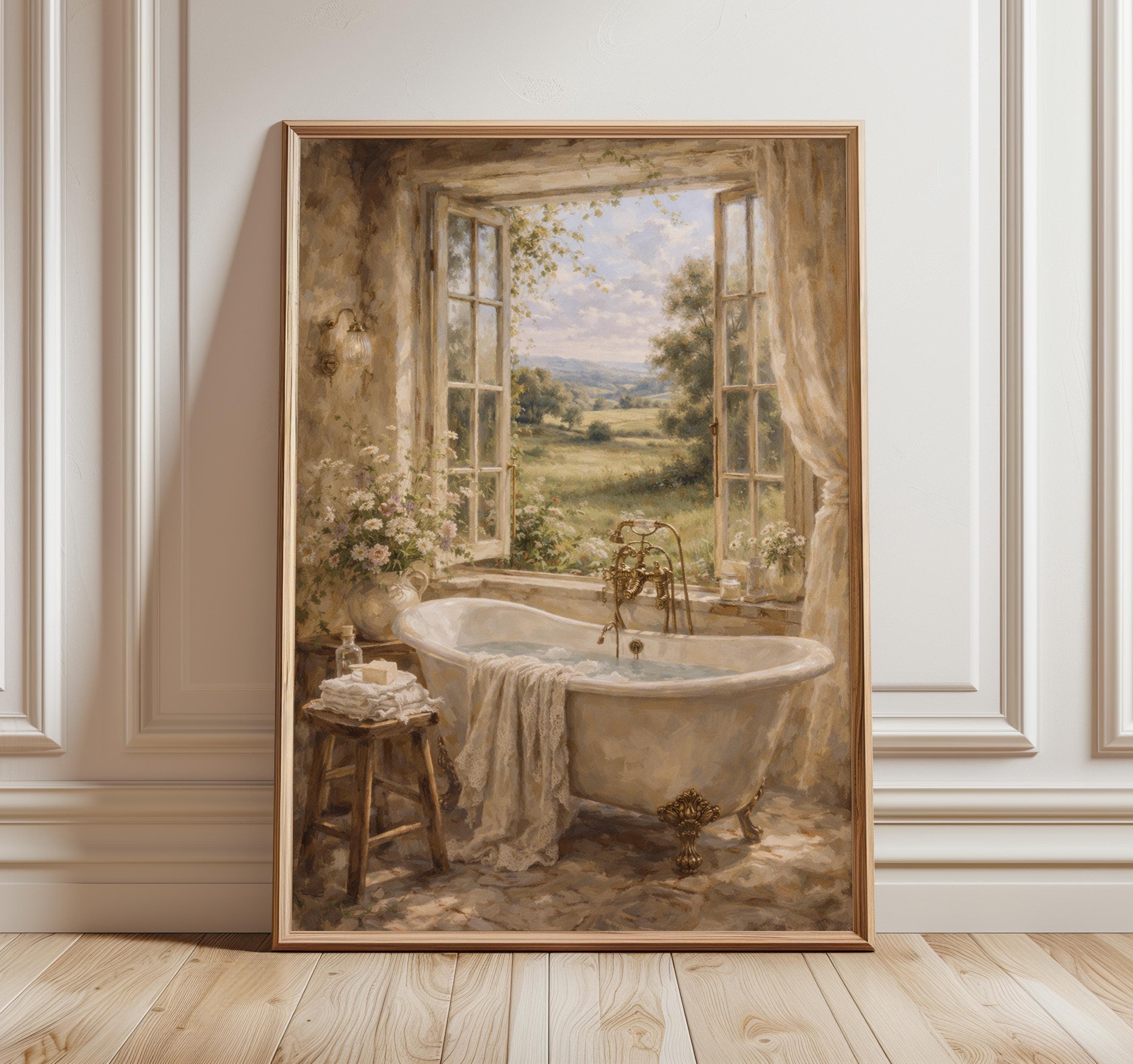 French Country Bathroom Wall Art Print, Vintage Bathtub Window View, Cottage Bathroom Decor, Romantic Neutral Wall Art, Spa Aesthetic