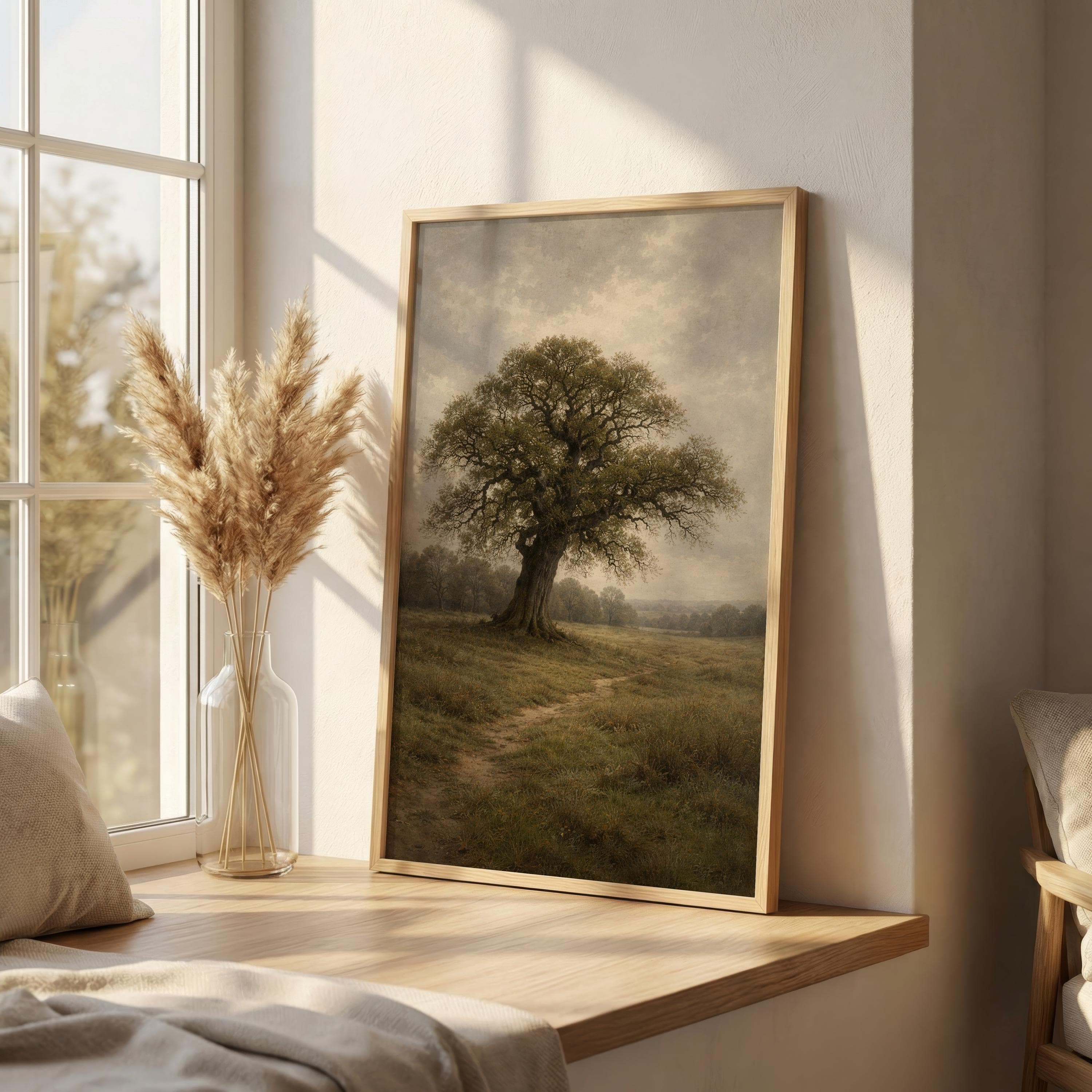 Old Oak Tree Wall Art Print, English Countryside Landscape, Rustic Nature Painting, Neutral Farmhouse Decor - image 5