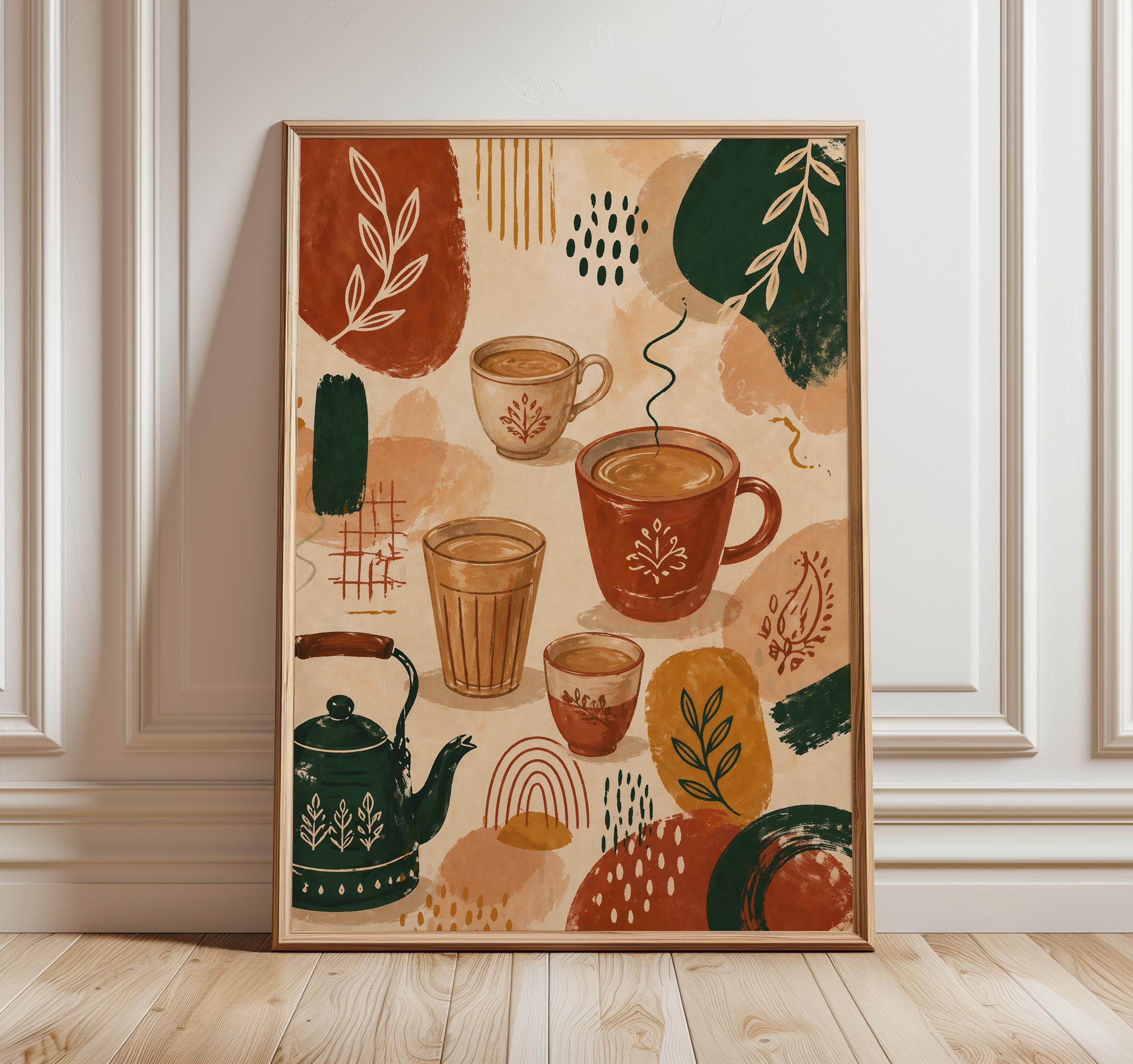 Chai Wall Art Print, Indian Tea Poster, Desi Chai Kitchen Decor, Coffee and Tea Cups Illustration, Boho Kitchen Wall Art