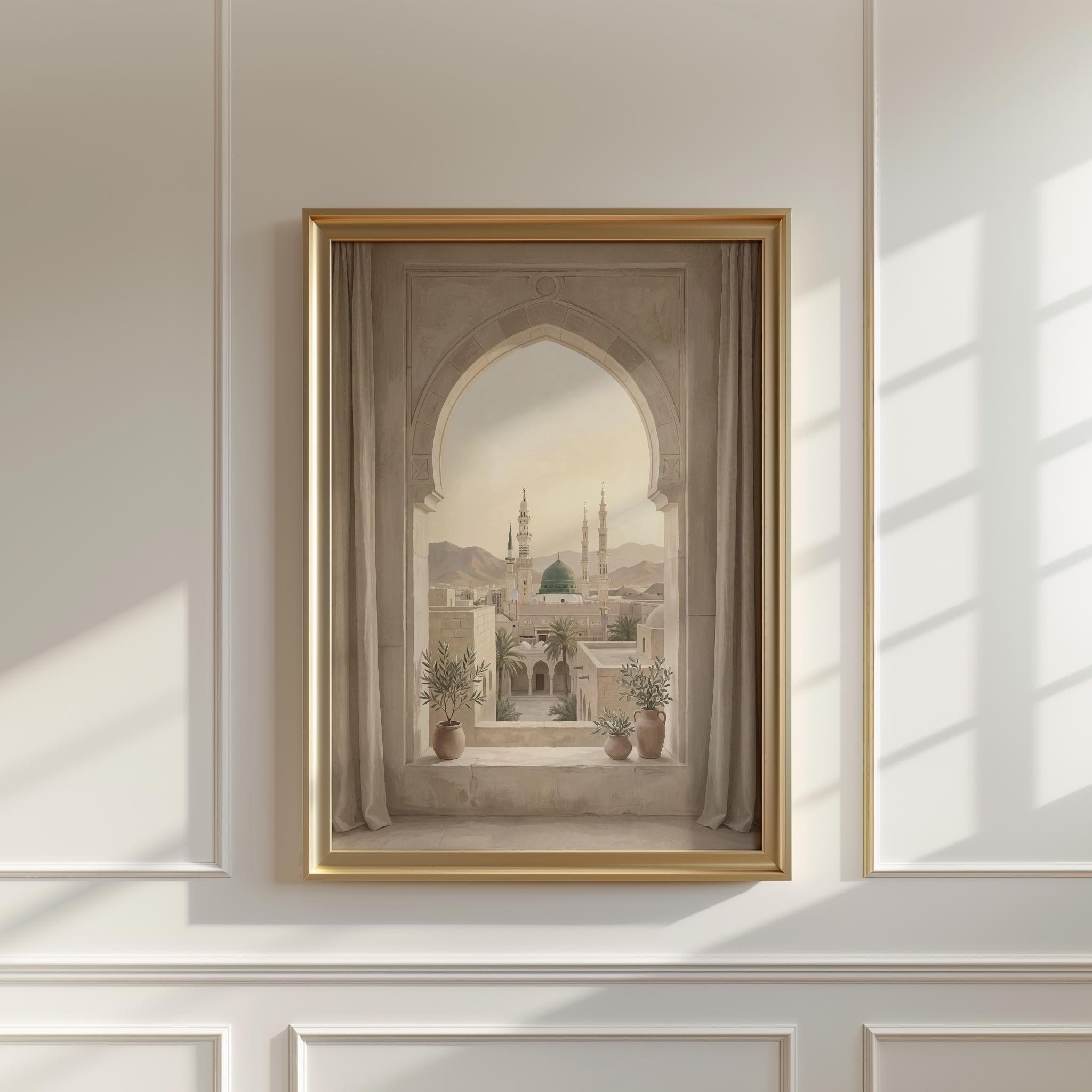 Medina Wall Art Print, Al Masjid An Nabawi Islamic Art, Green Dome Mosque Painting, Neutral Muslim Home Decor Poster - image 4