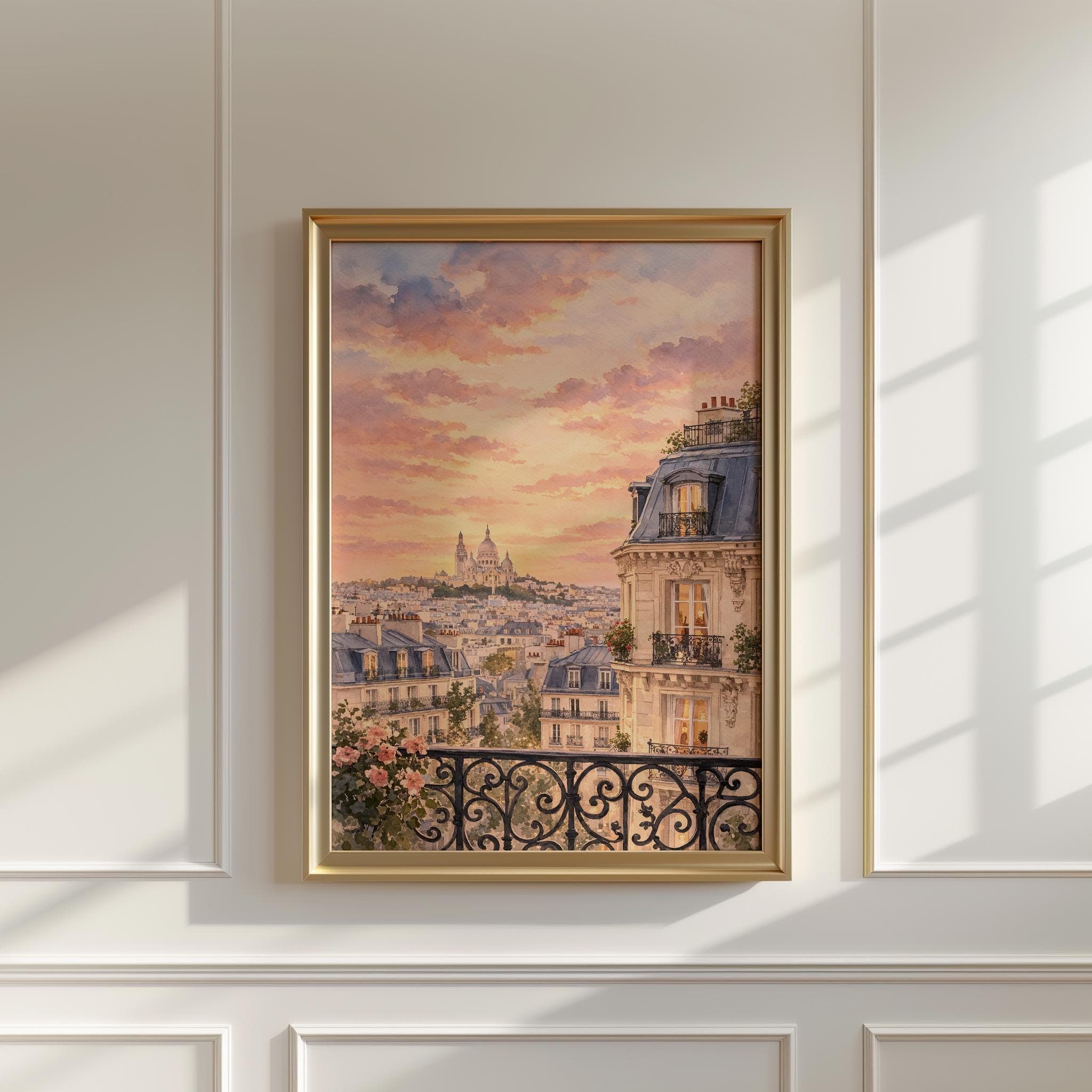 Paris Rooftop Wall Art Print, Romantic Paris Sunset Watercolor, Sacre Coeur Poster, French Apartment View Decor, Parisian Cityscape - image 4