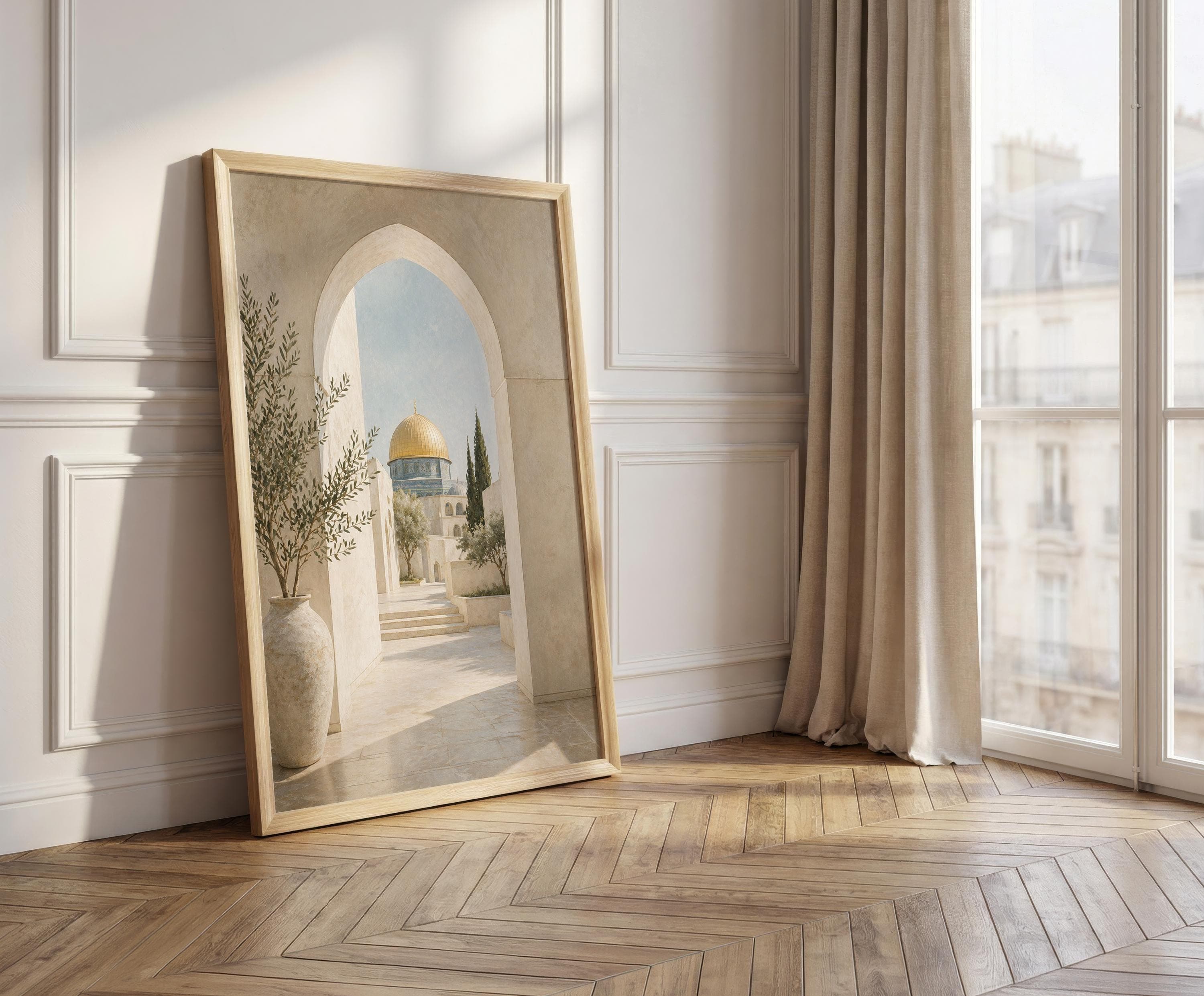Al Aqsa Palestine Wall Art Print, Islamic Mosque Poster, Golden Dome Artwork, Neutral Mediterranean Archway Decor - image 3