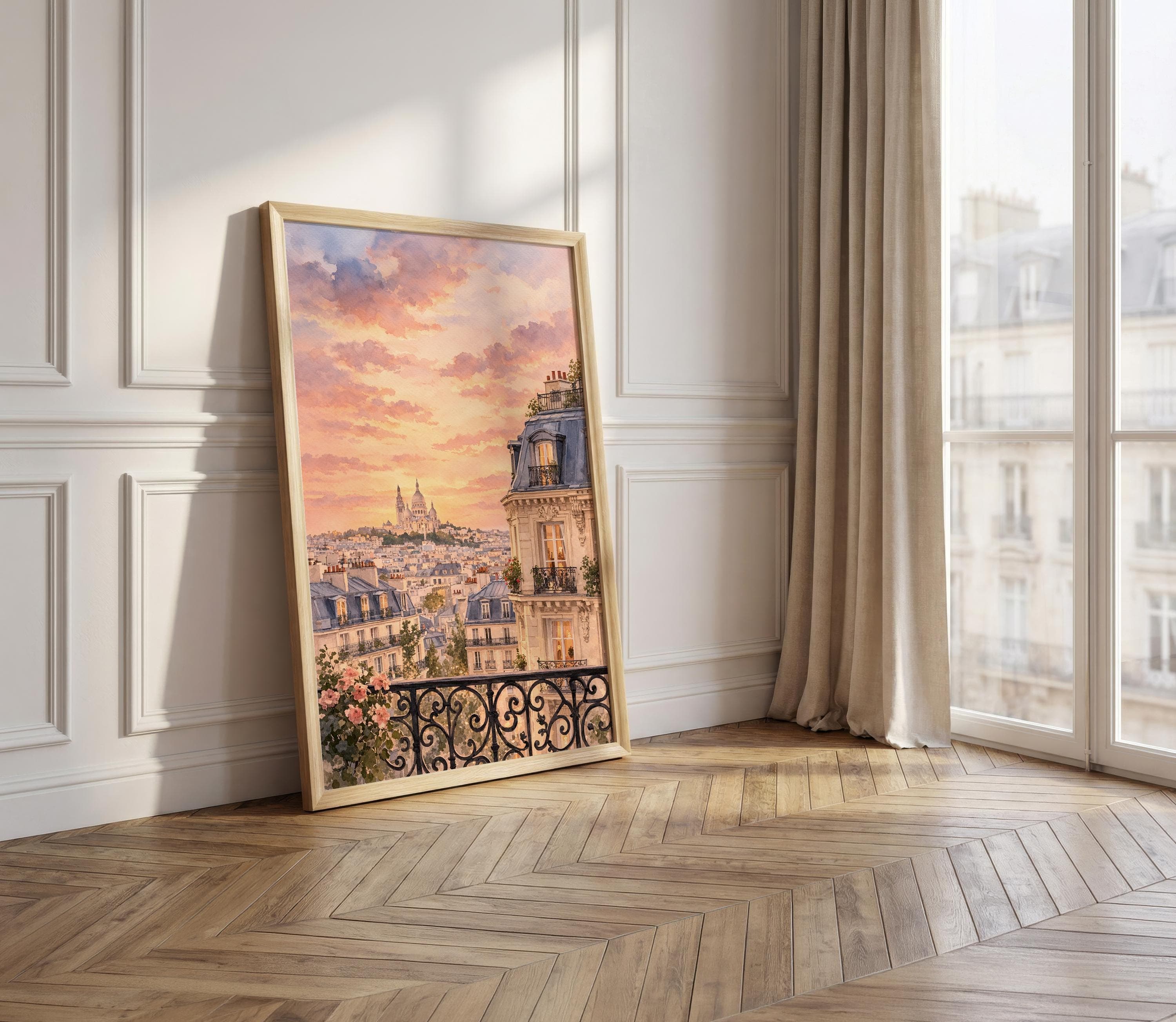 Paris Rooftop Wall Art Print, Romantic Paris Sunset Watercolor, Sacre Coeur Poster, French Apartment View Decor, Parisian Cityscape - image 3