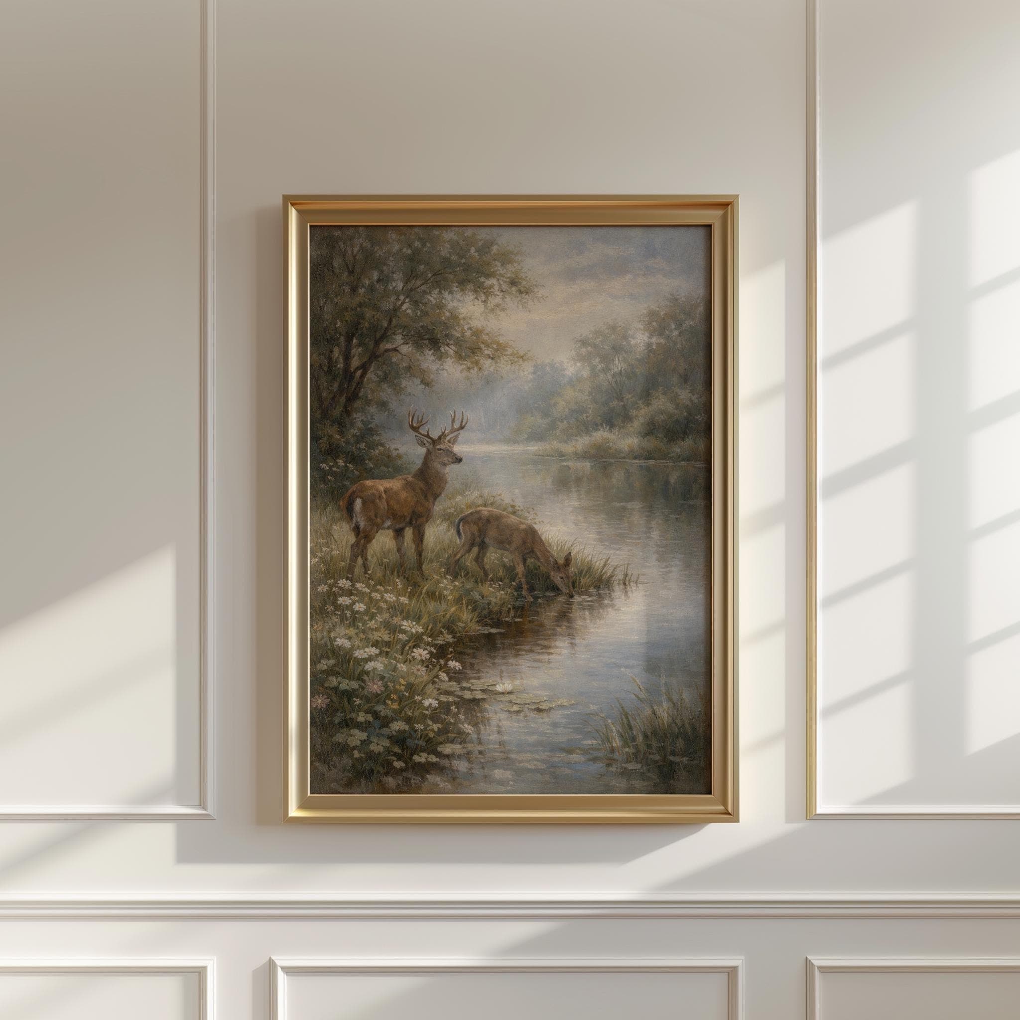 English Countryside Deer Print, Vintage Woodland River Art, Rustic Nature Wall Decor, Cottage Style Landscape Painting - image 4