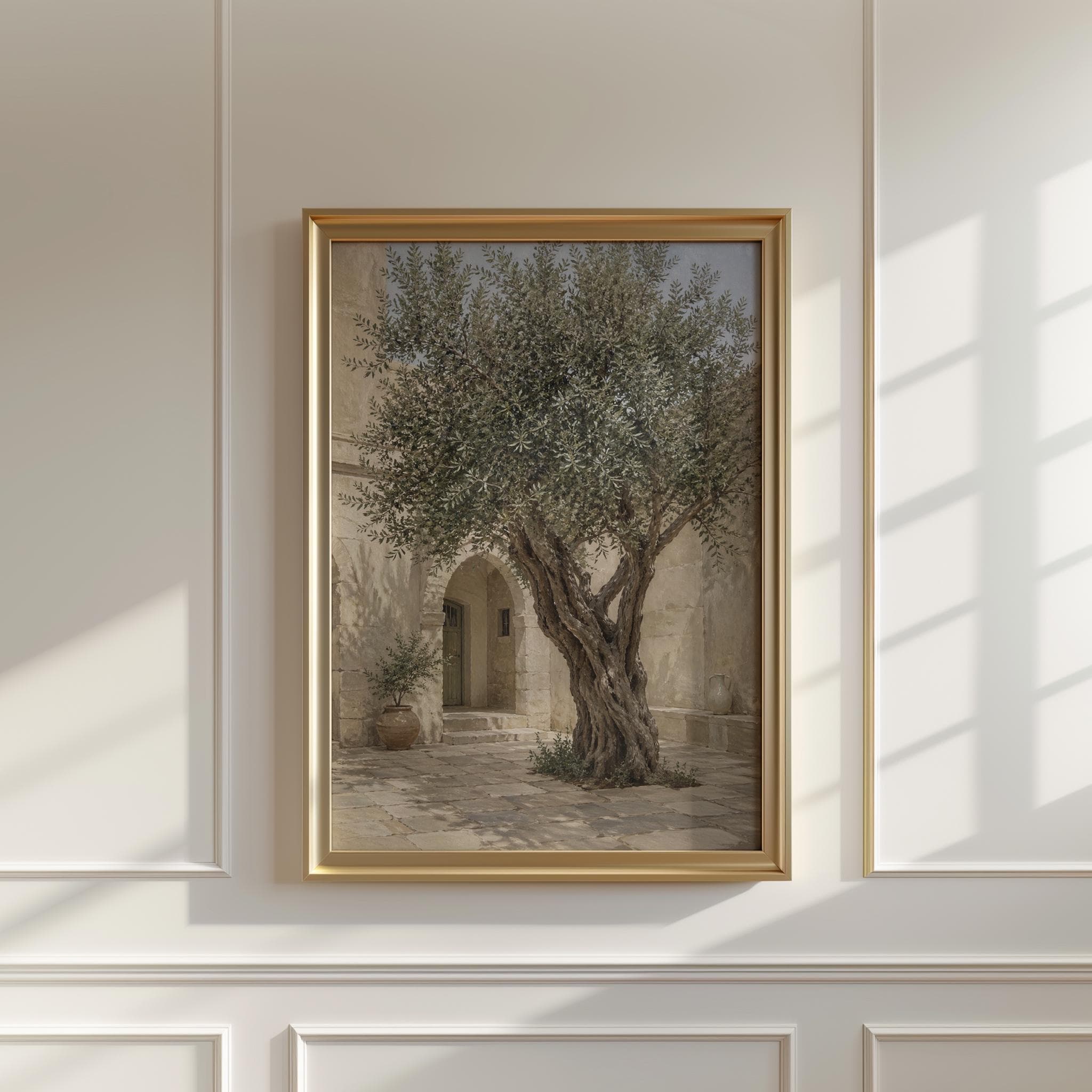 Olive Tree Courtyard Print, Neutral Mediterranean Wall Art, Beige Stone Architecture Painting, Rustic Fine Art Decor - image 4