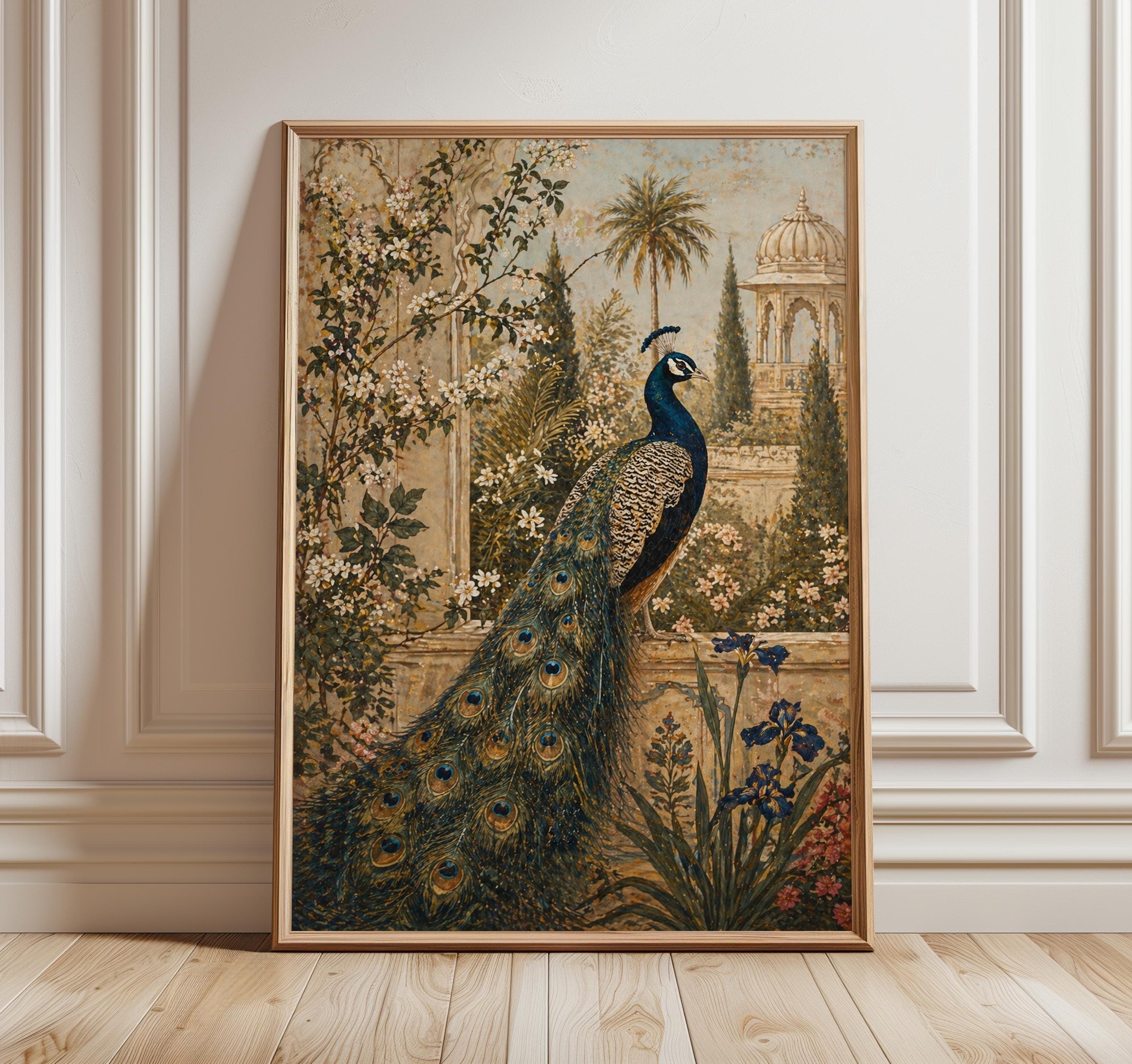 Mughal Peacock Garden Wall Art, Indian Palace Print, Royal Peacock Poster, Vintage Botanical Haveli Decor Artwork