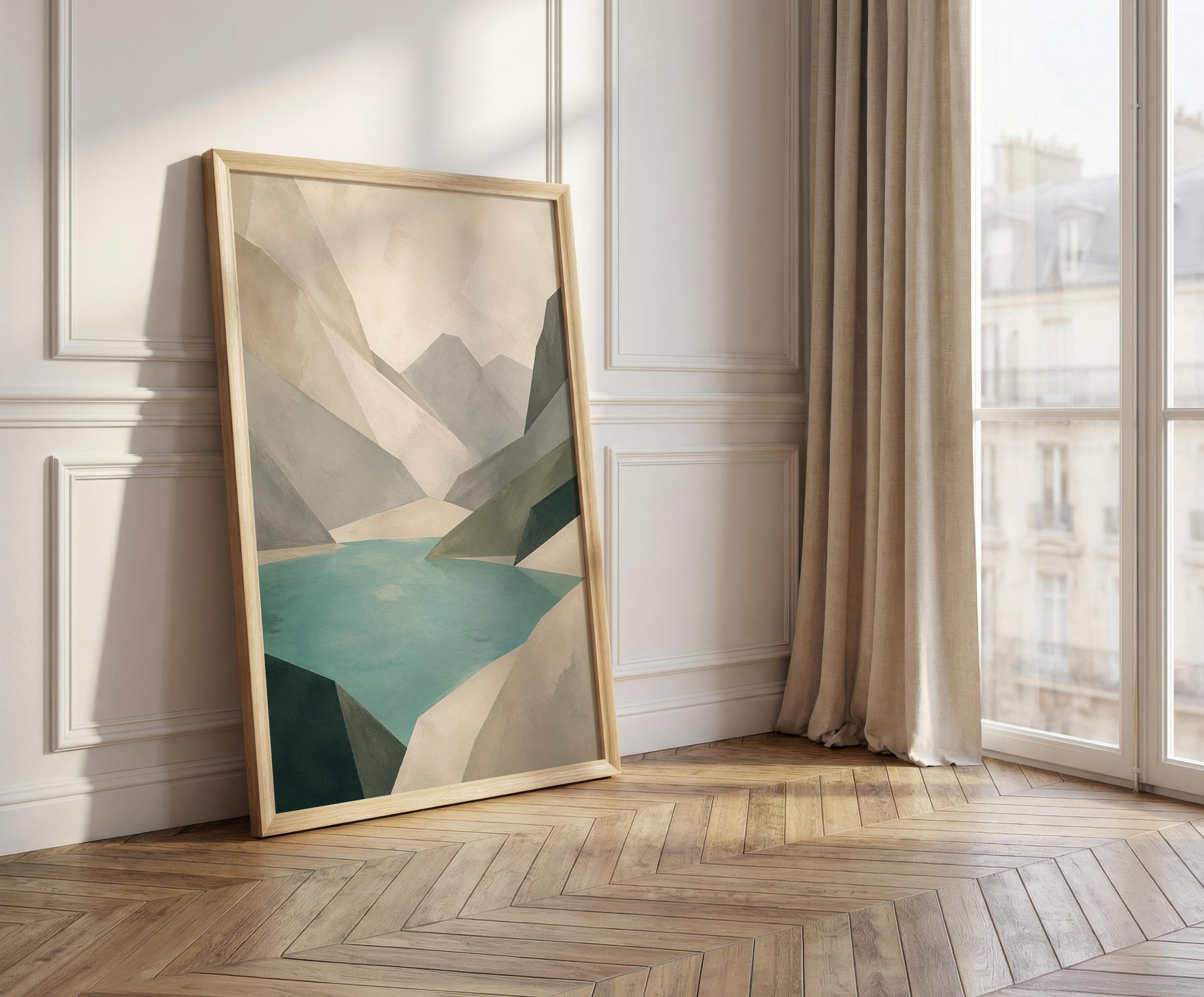 Oeschinen Lake Abstract Wall Art Print, Modern Alpine Landscape Painting, Minimal Mountain Lake Decor, Neutral Swiss Nature Poster - image 3