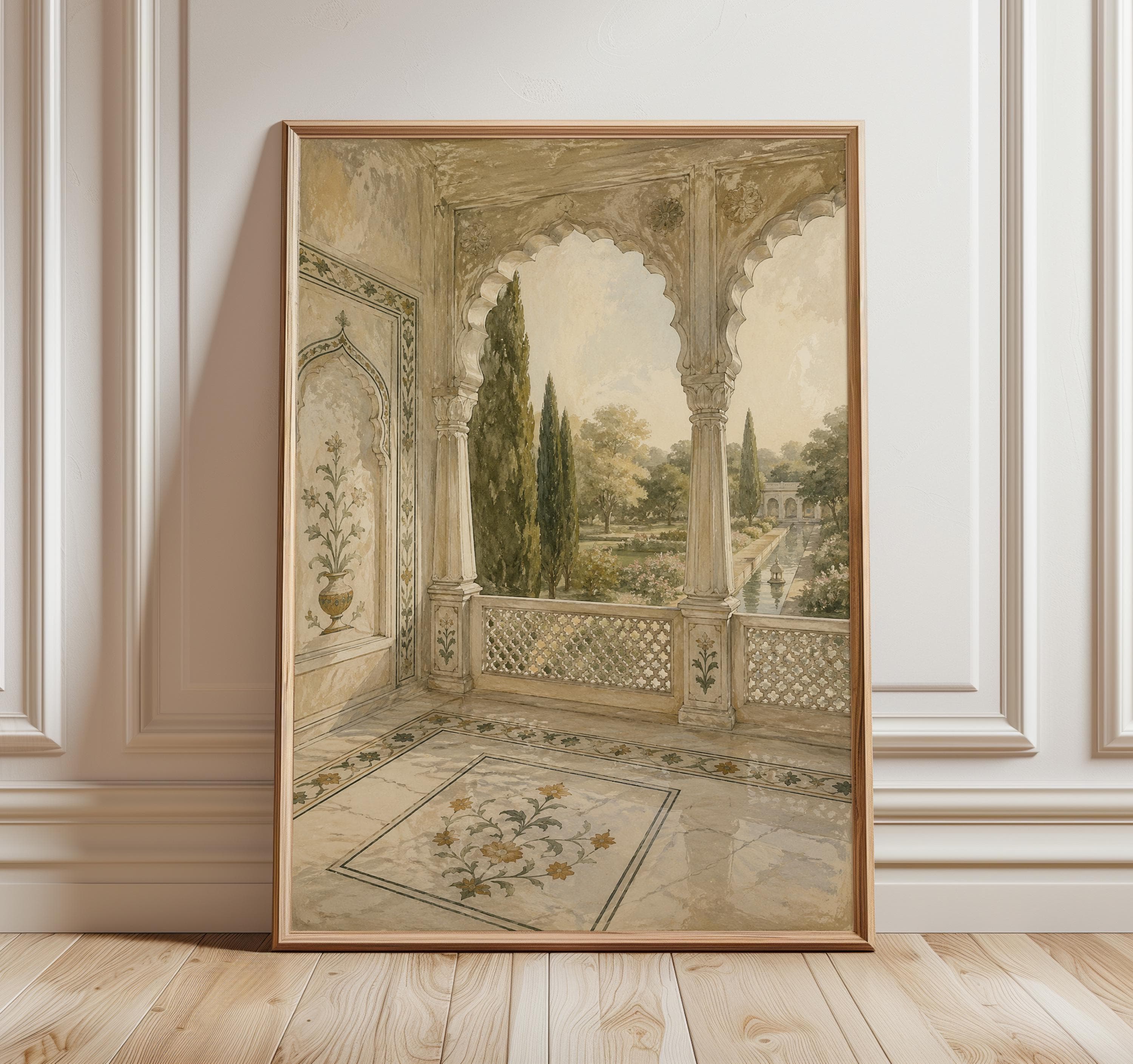 Mughal Marble Balcony Print, Indian Palace Wall Art, Mughal Garden Poster, Ivory Architectural Jali Arch Decor