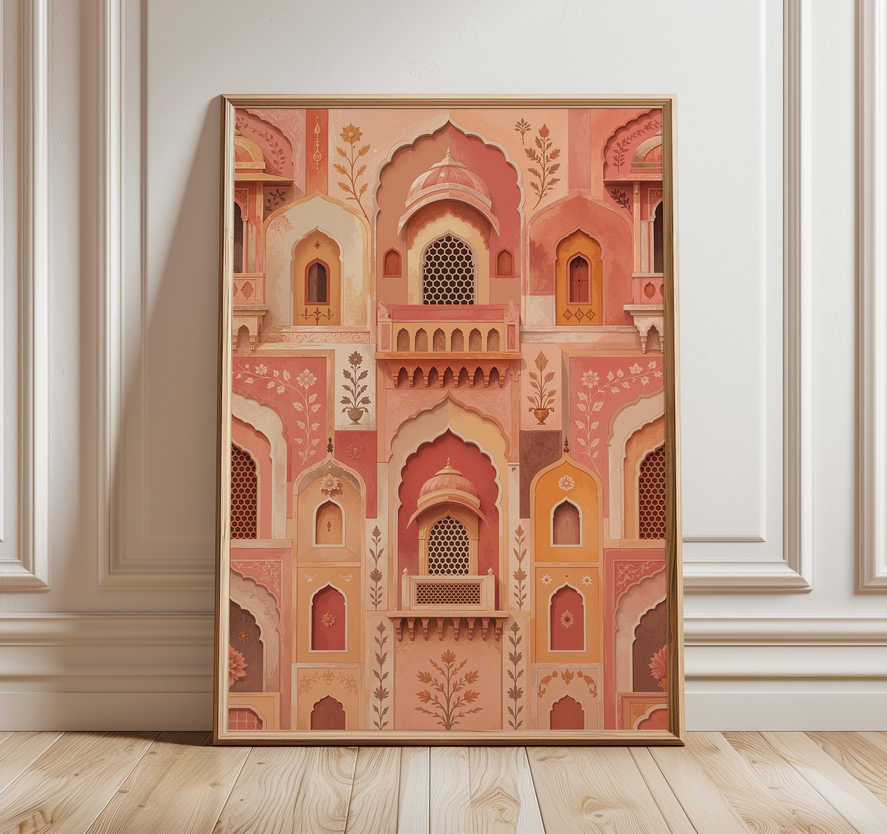 Mughal Palace Wall Art, Pink Jaipur Architecture Print, Indian Arch Poster, Haveli Decor, Heritage Wall Artwork