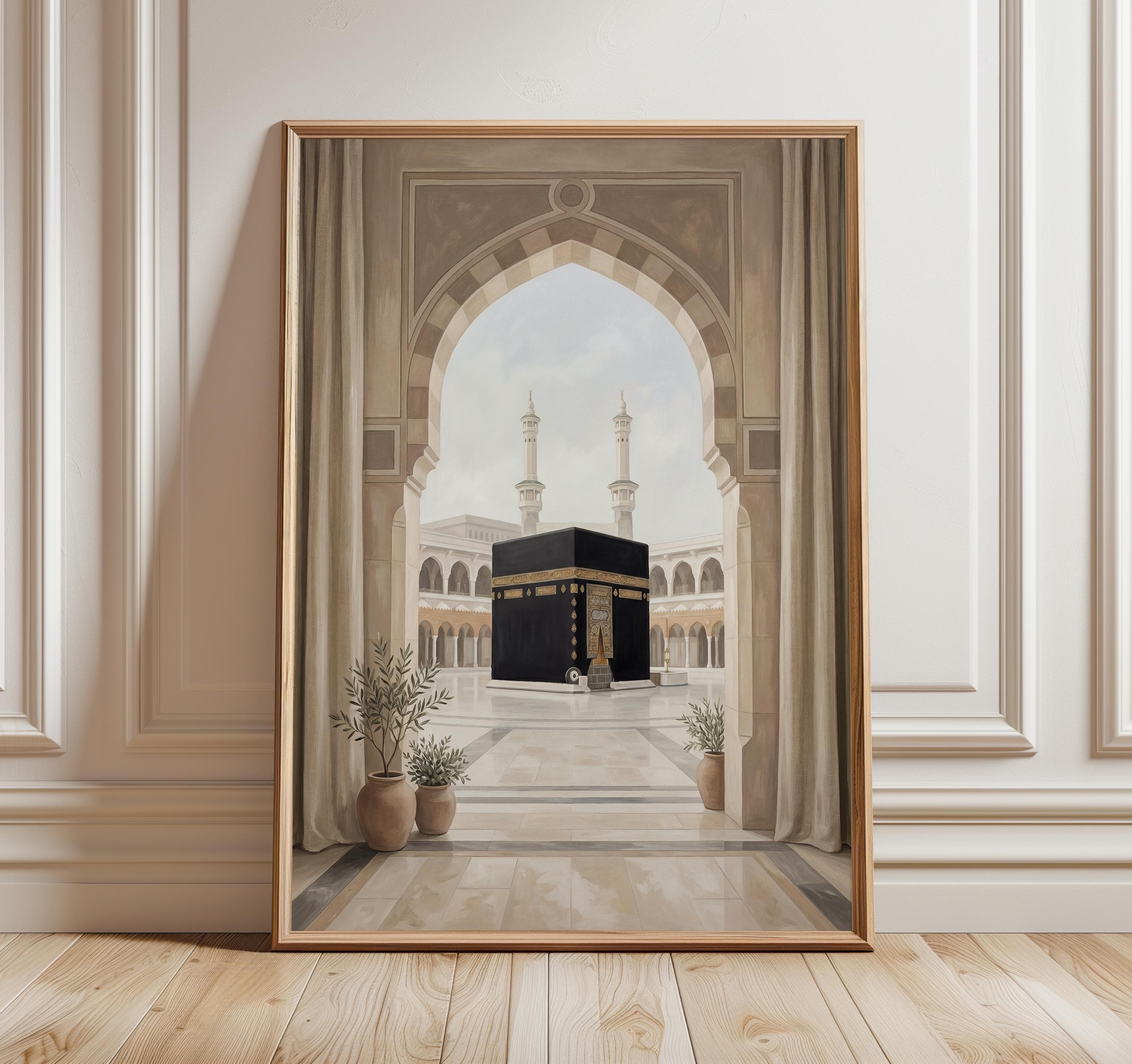 Kaaba Wall Art Print, Mecca Islamic Art, Masjid Al Haram Painting, Neutral Muslim Home Decor, Makkah Mosque Poster