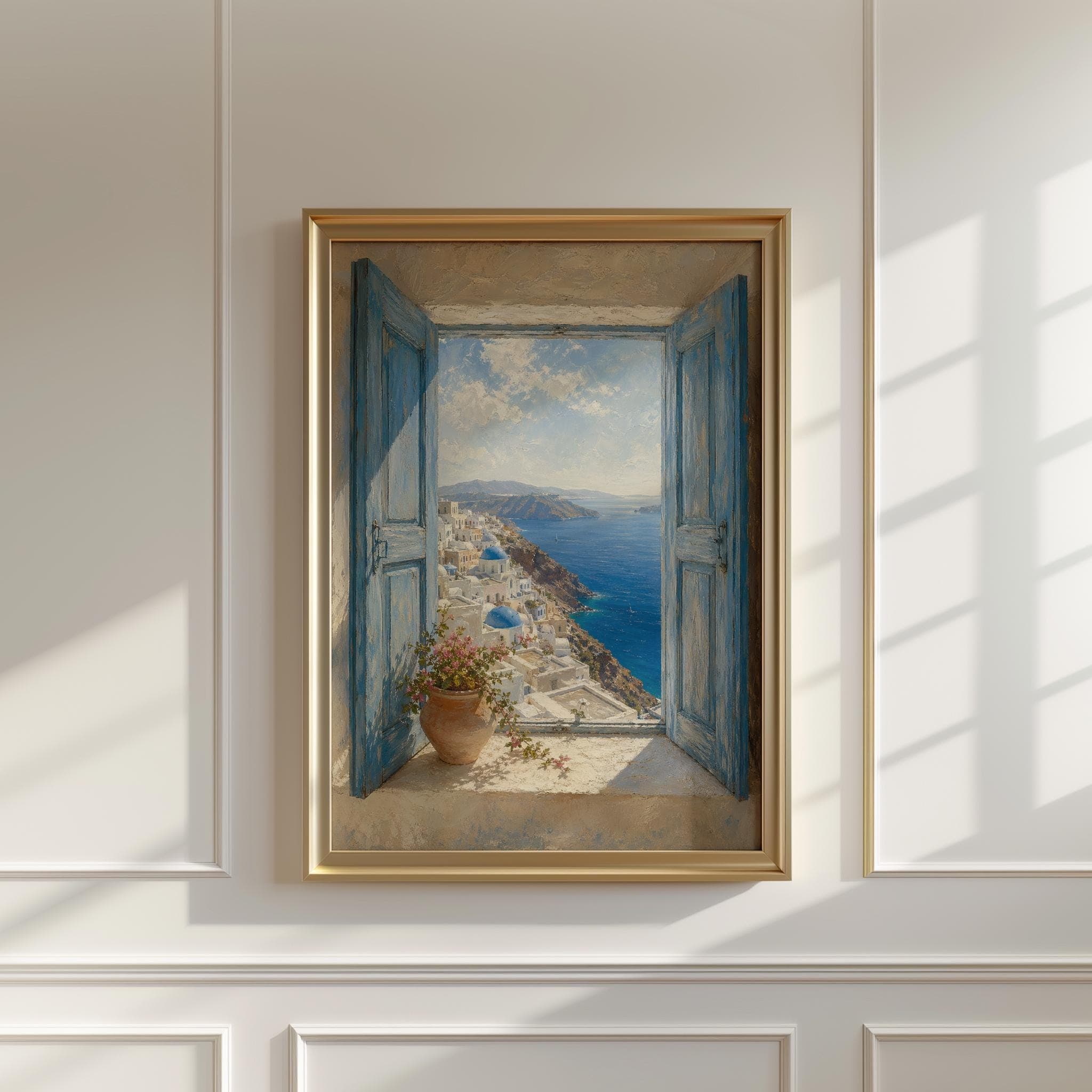 Santorini Window View Wall Art, Greek Island Sea View Print, Blue Shutters Coastal Decor, Oia Greece Travel Poster - image 4