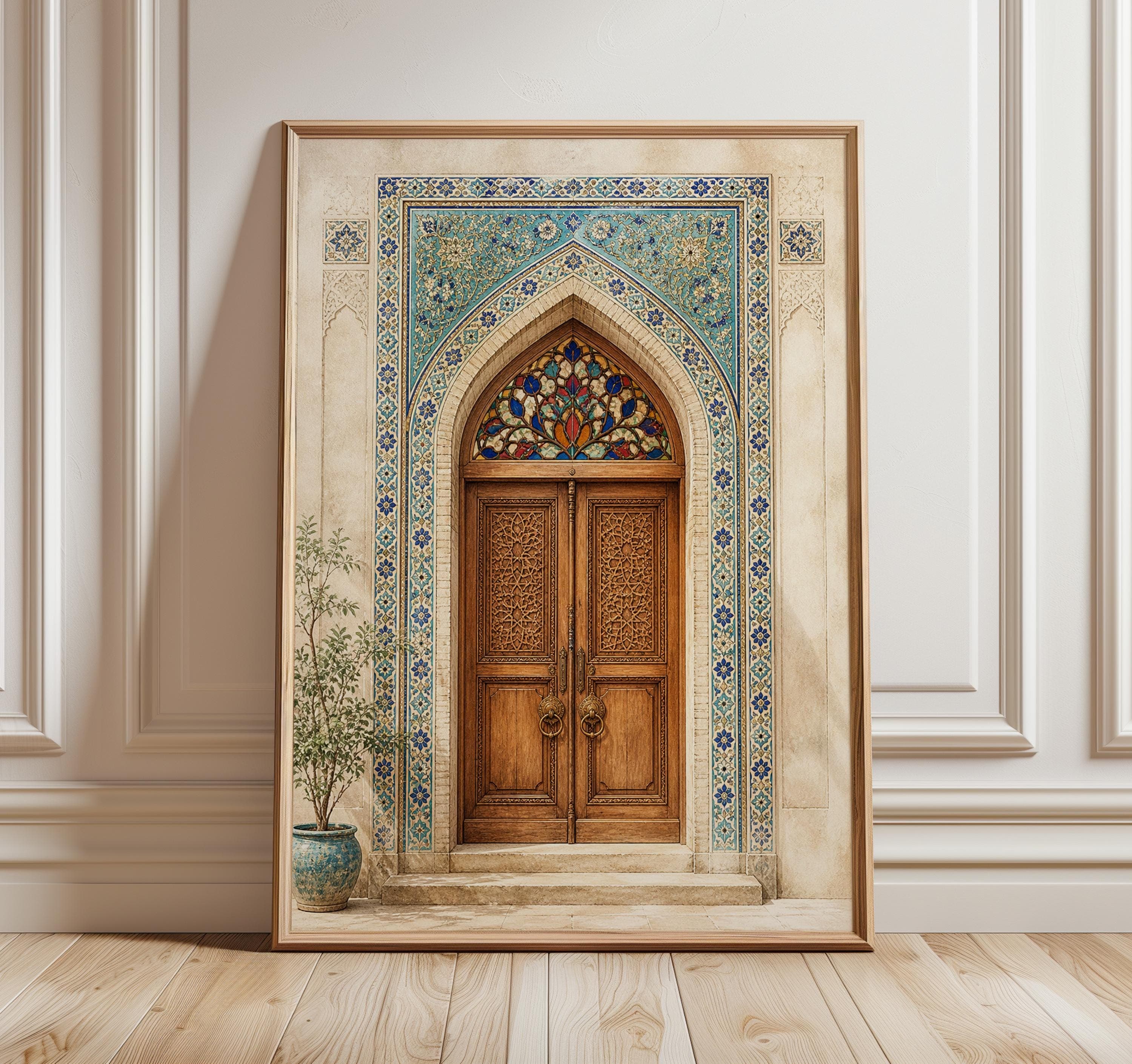 Persian Door Wall Art Print, Islamic Archway Painting, Turquoise Tile Architecture Poster, Middle Eastern Home Decor