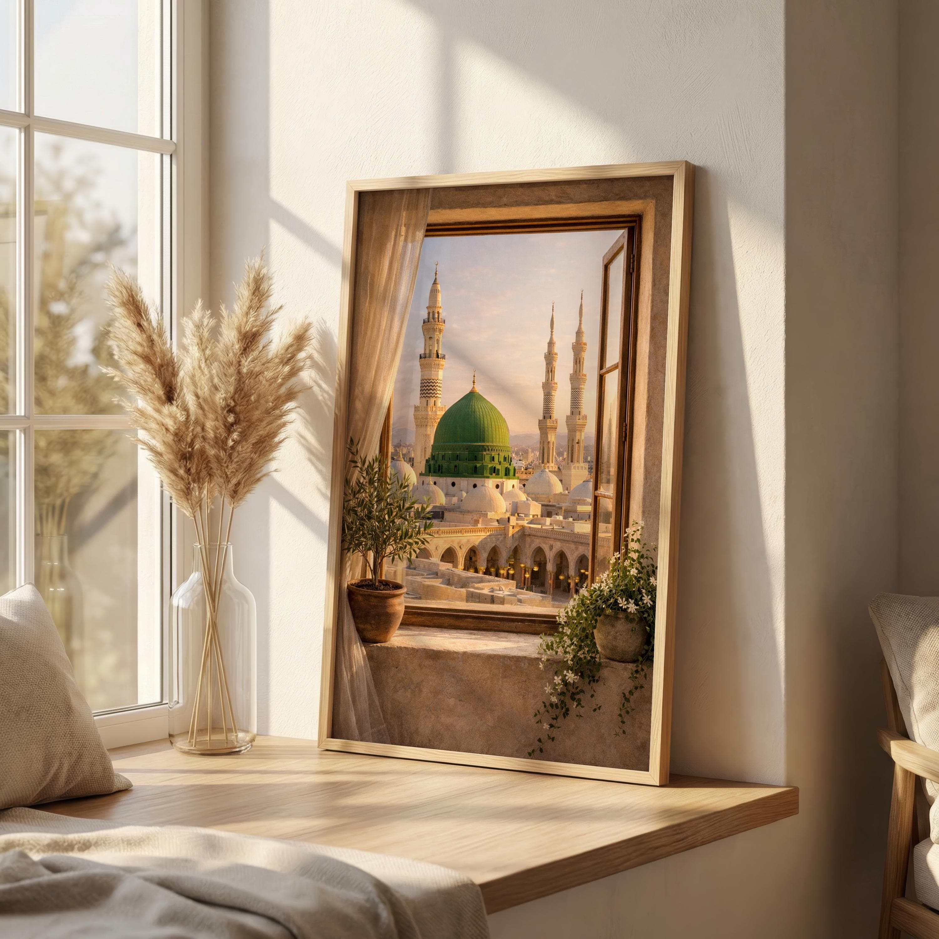 Medina Window View Print, Green Dome Wall Art, Al Masjid an Nabawi Poster, Islamic Wall Decor, Neutral Muslim Gift, Boho Beige Art - image 5