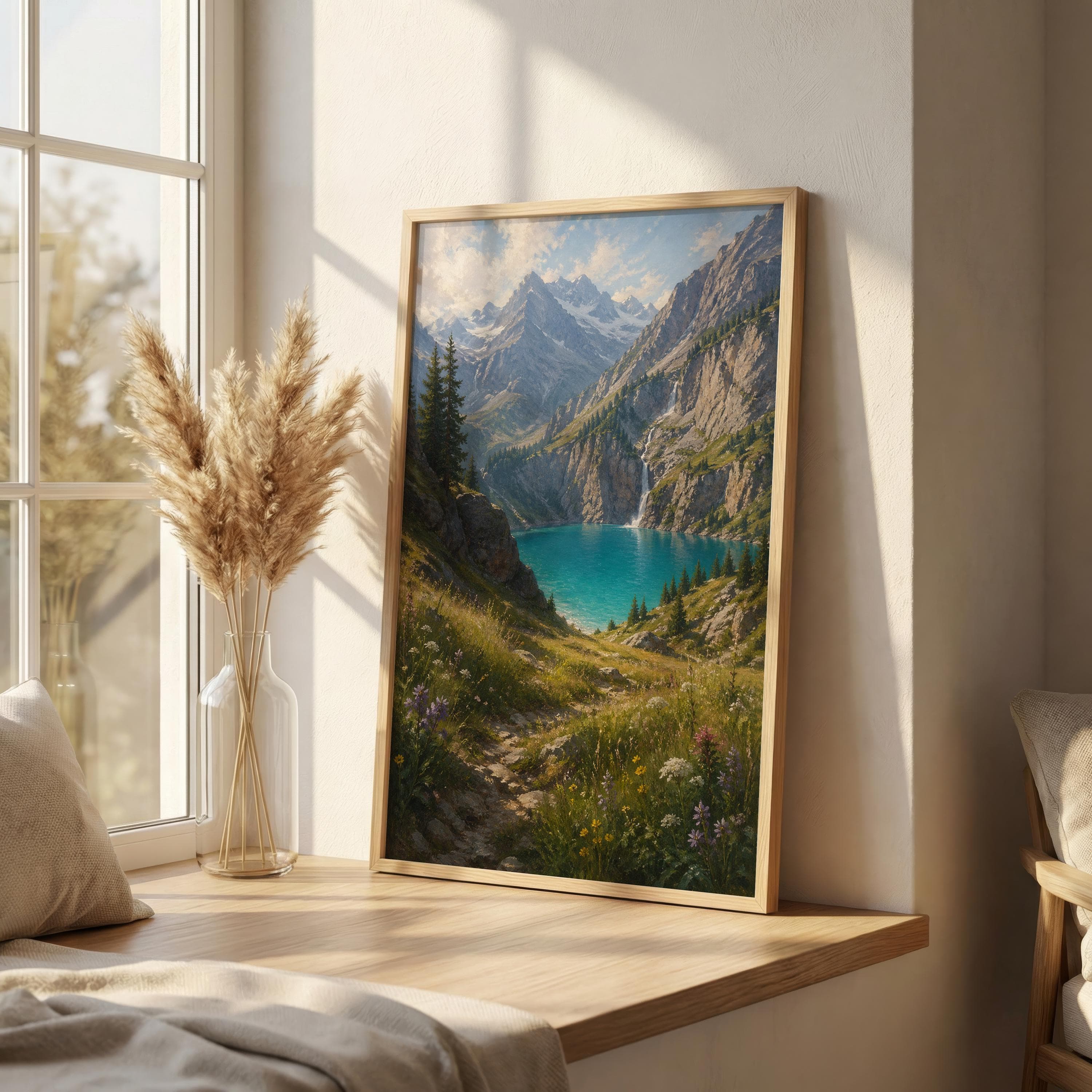 Oeschinen Lake Wall Art Print, Swiss Alps Landscape Painting, Alpine Meadow Decor, Turquoise Lake Artwork, Mountain Print - image 5