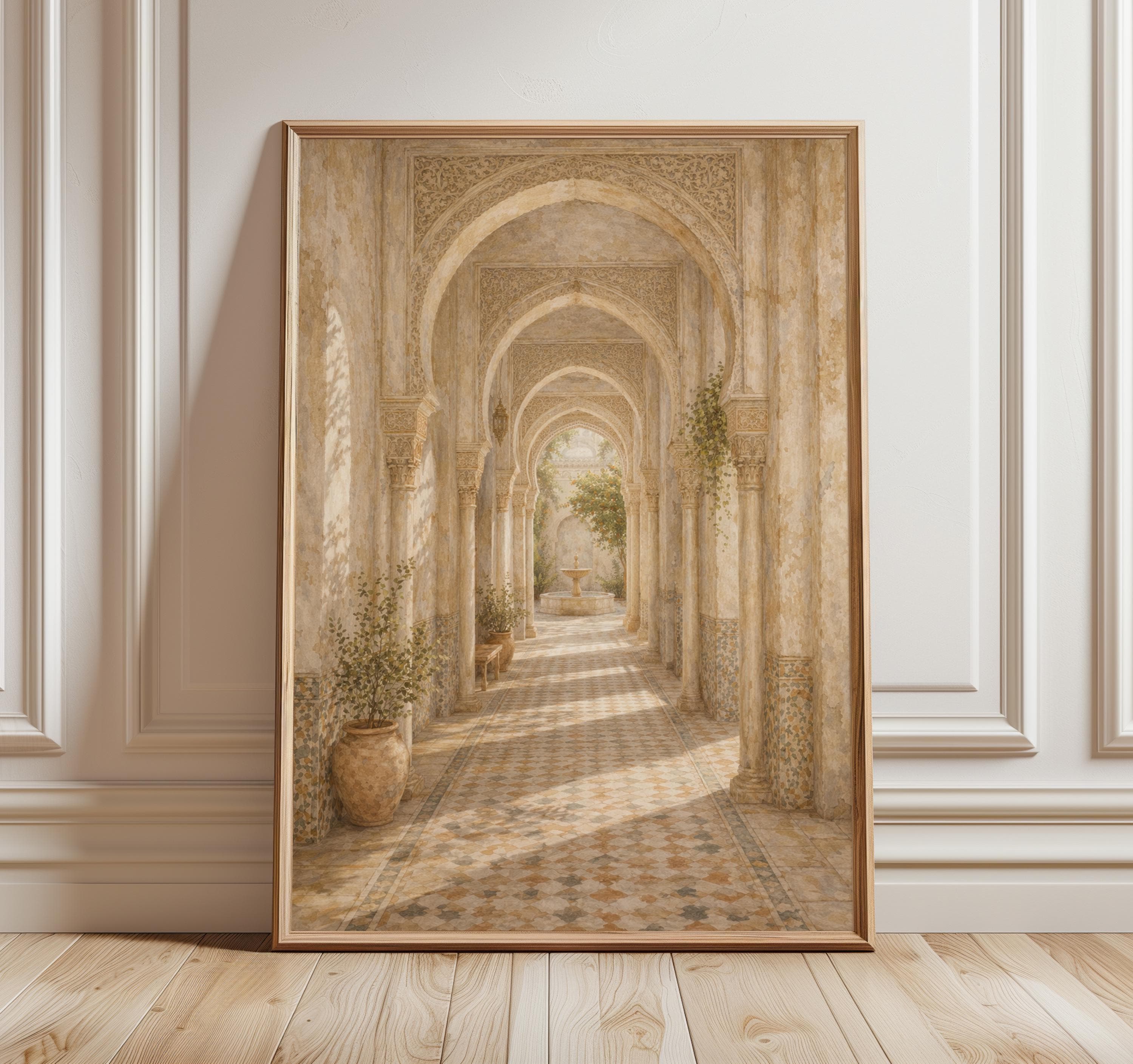 Andalusian Moorish Arch Hallway Wall Art Print, Alhambra Corridor Poster, Islamic Architecture Decor, Spanish Palace Interior Art