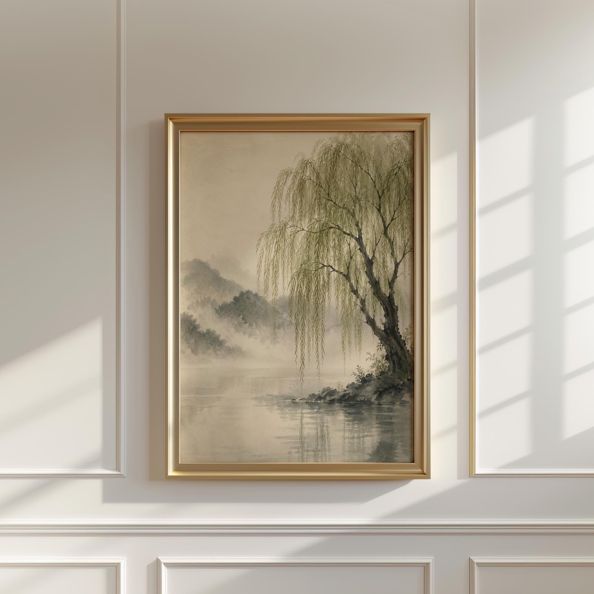 Weeping Willow Wall Art Print, Japanese Sumi E Landscape Poster, Minimal Lake Painting, Sage Green Nature Print, Zen Wall Decor - image 5