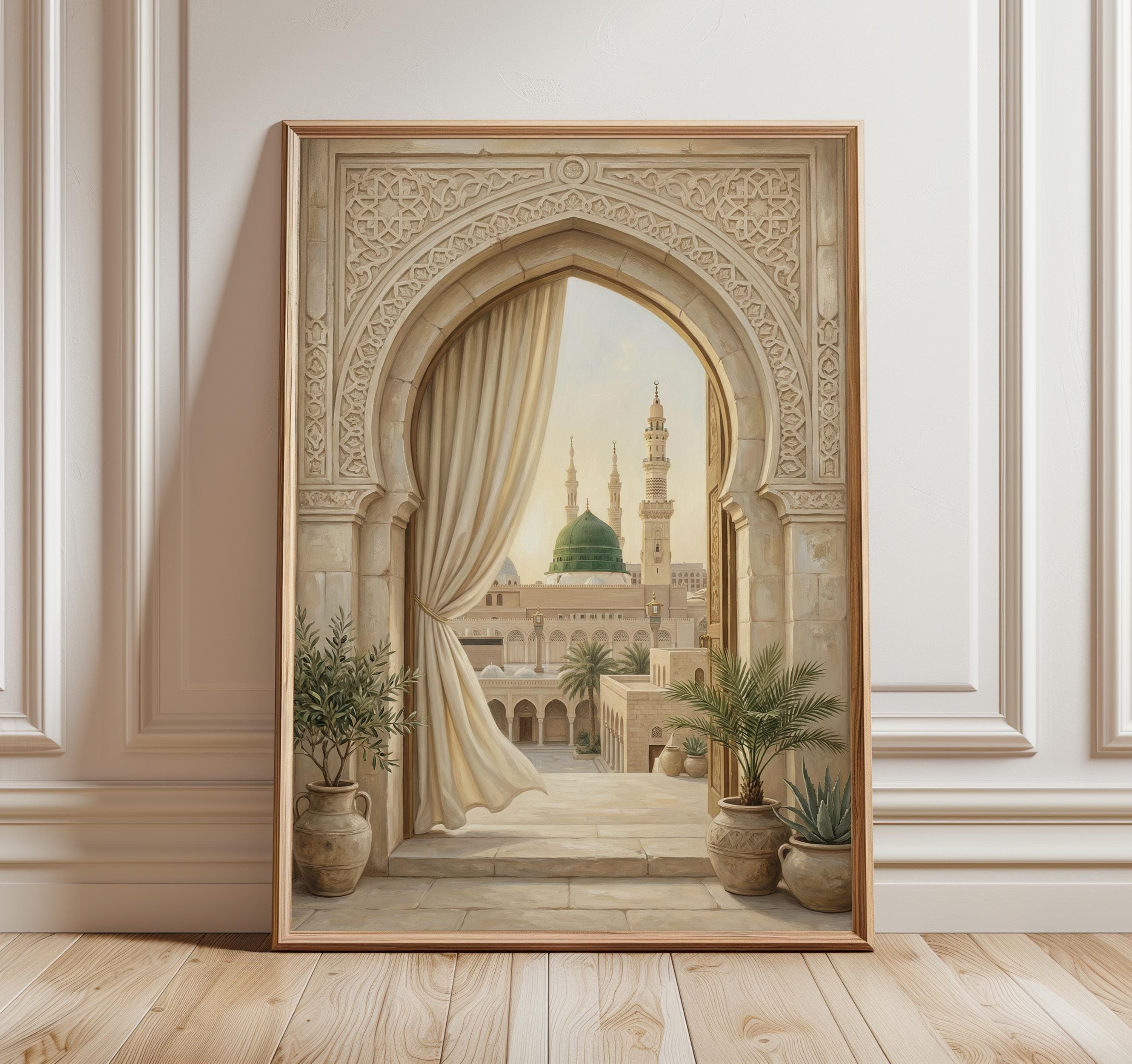 Medina Arch Wall Art Print, Masjid Nabawi Green Dome Artwork, Islamic Architecture Decor, Mosque View Painting