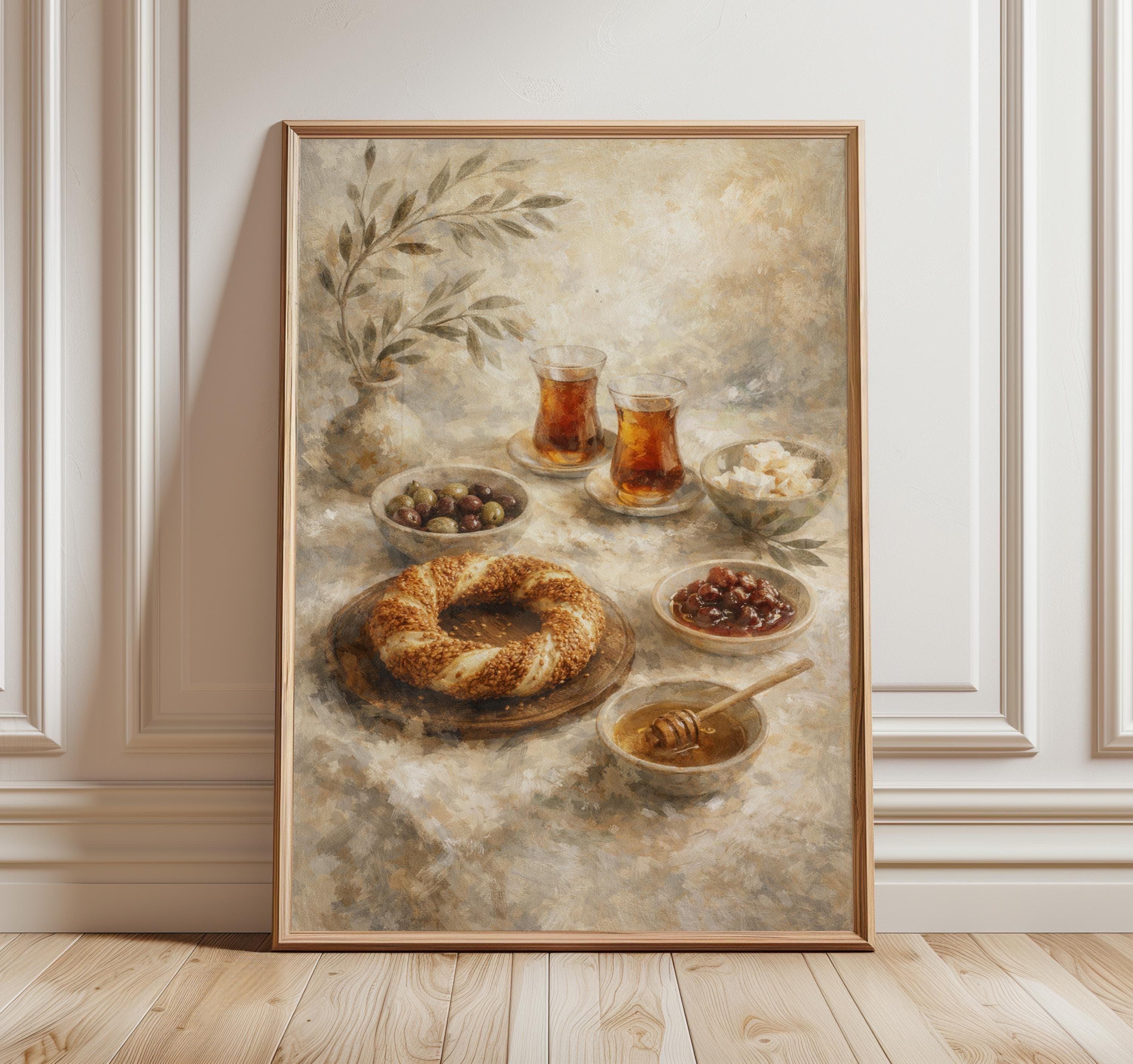 Turkish Breakfast Wall Art, Simit and Tea Print, Kitchen Decor, Food Wall Art, Neutral Still Life Artwork