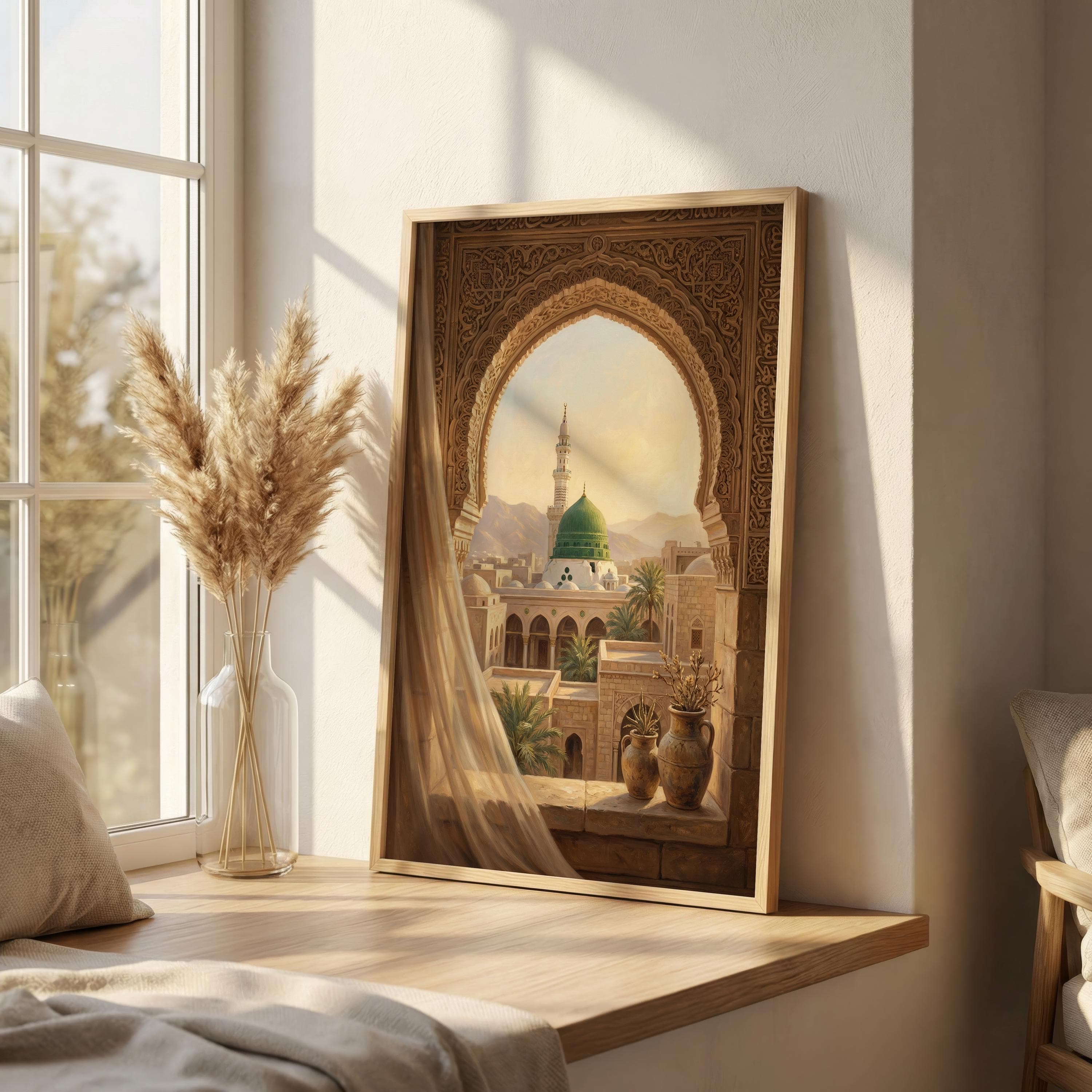 Medina Wall Art Print, Green Dome View, Masjid Nabawi Artwork, Islamic Arch Window Decor, Luxury Islamic Painting - image 4