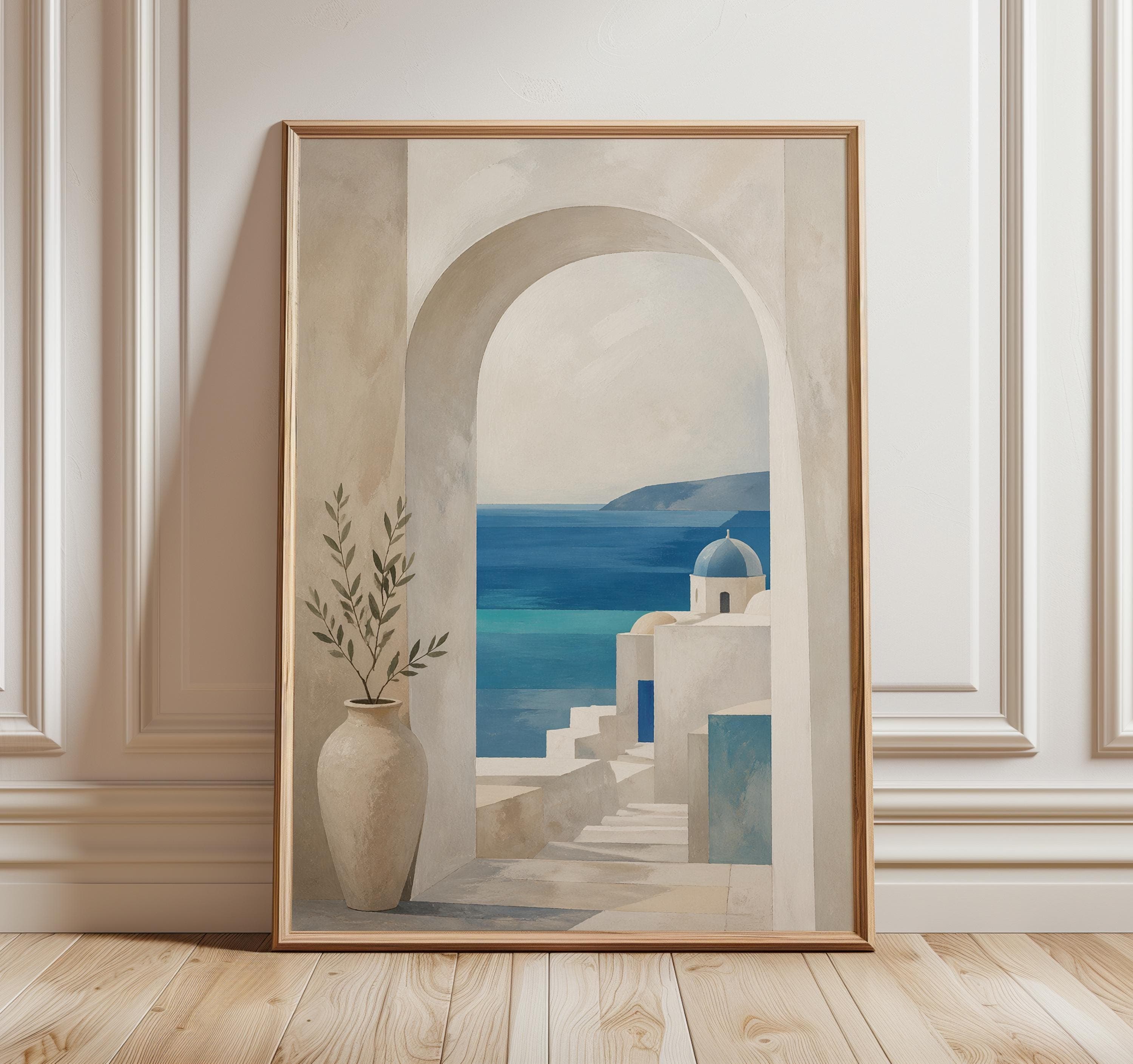 Mediterranean Arch Wall Art, Santorini Minimal Print, Neutral Coastal Decor, Blue Sea View Poster, Japandi Style Wall Art