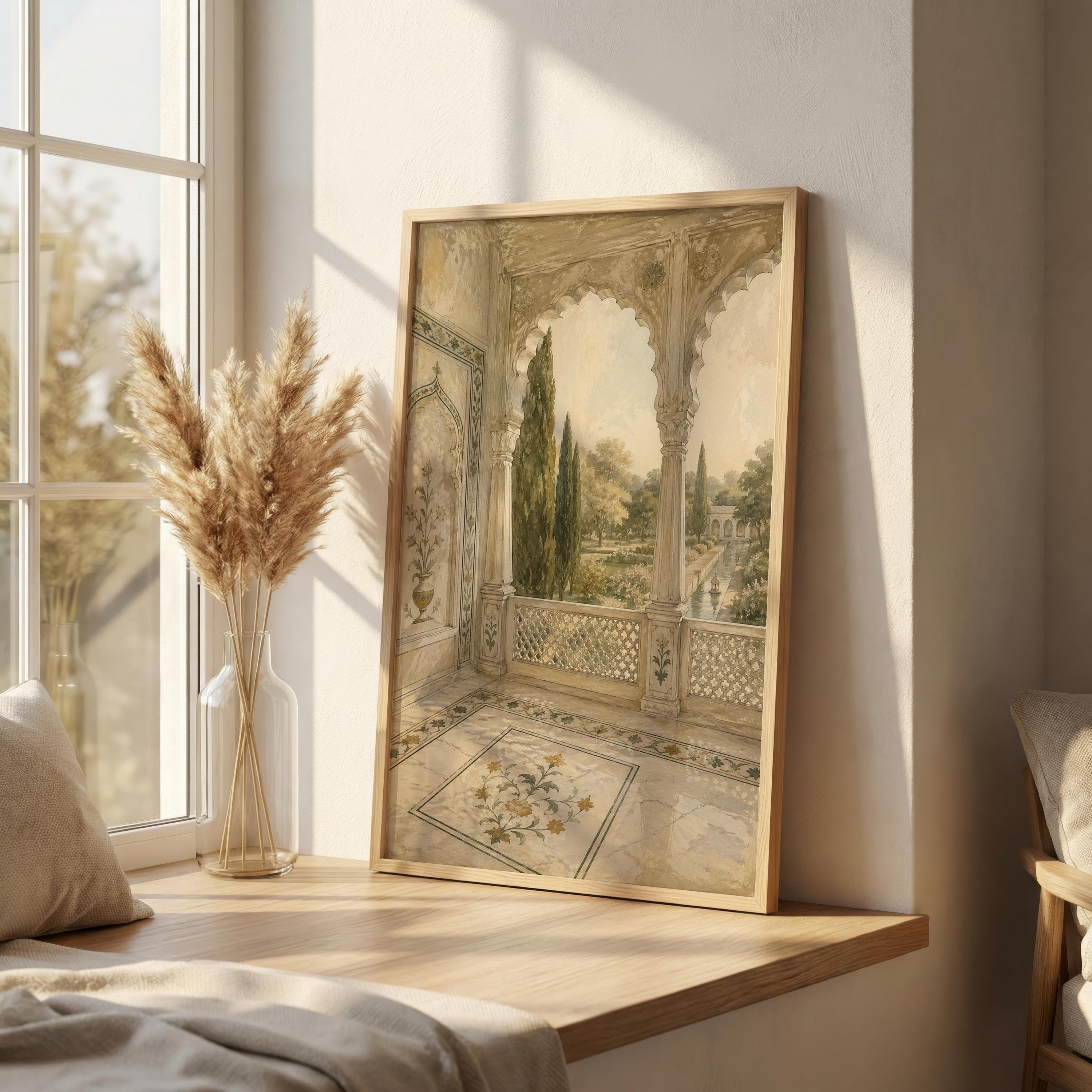 Mughal Marble Balcony Print, Indian Palace Wall Art, Mughal Garden Poster, Ivory Architectural Jali Arch Decor - image 5
