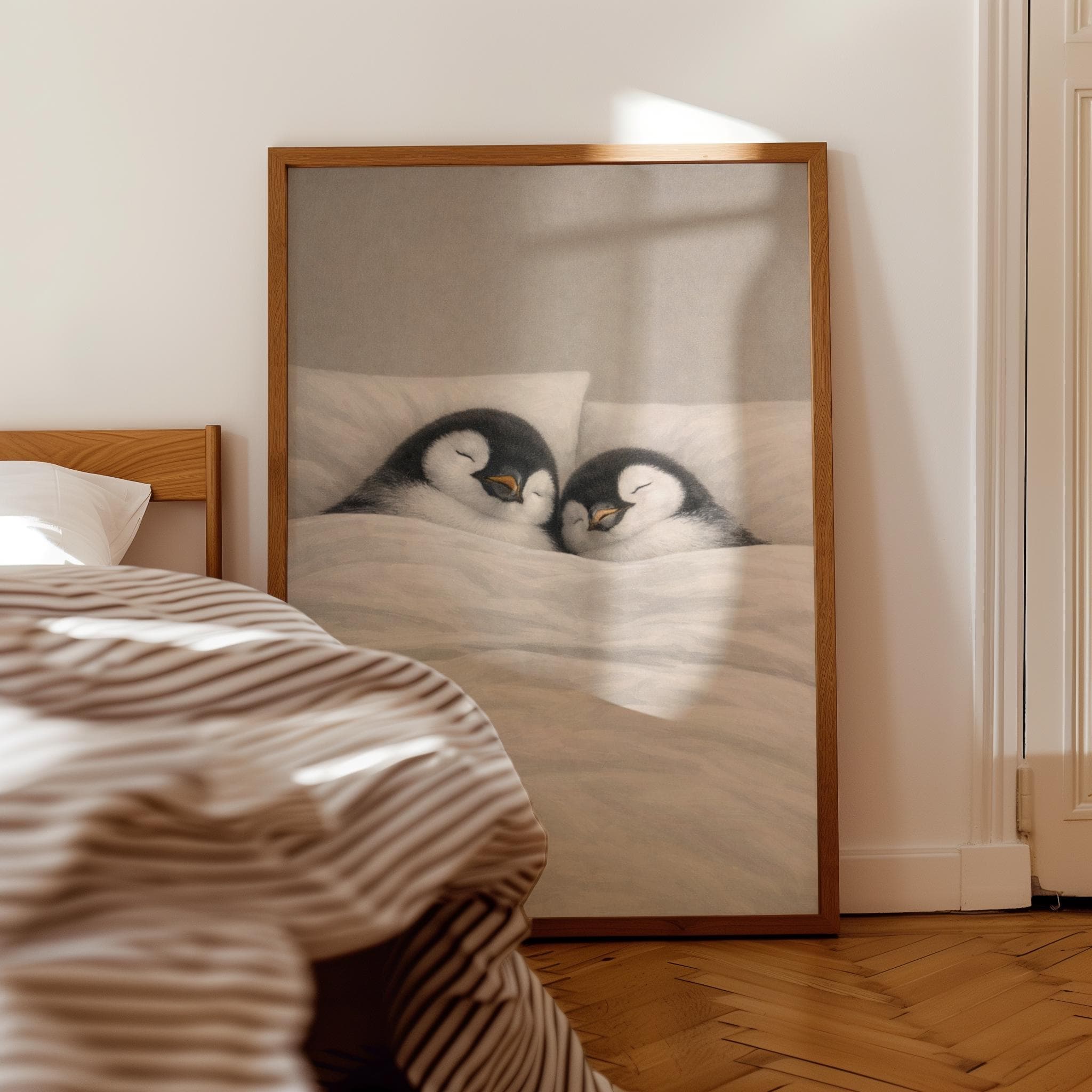 Sleeping Penguins Art Print – Cozy Animal Couple, Neutral Bedroom Decor - image 5