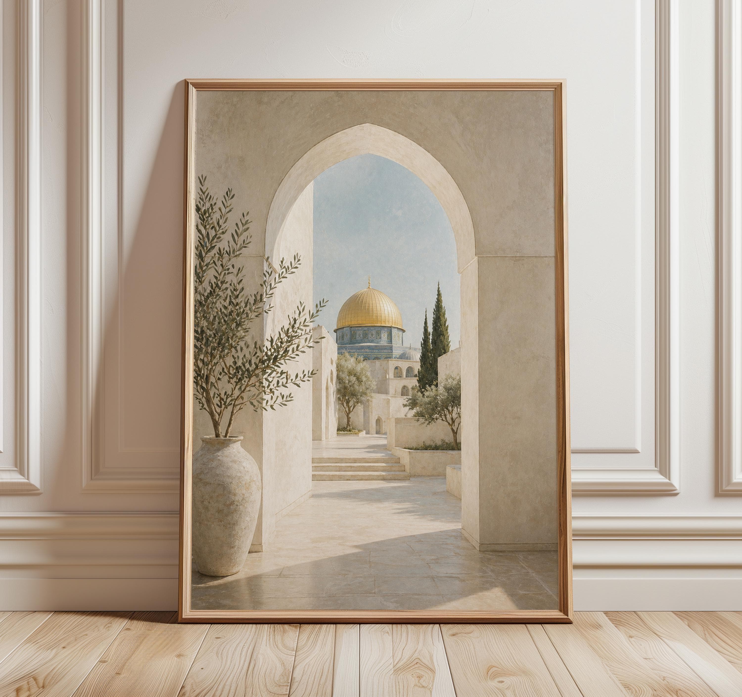 Al Aqsa Palestine Wall Art Print, Islamic Mosque Poster, Golden Dome Artwork, Neutral Mediterranean Archway Decor