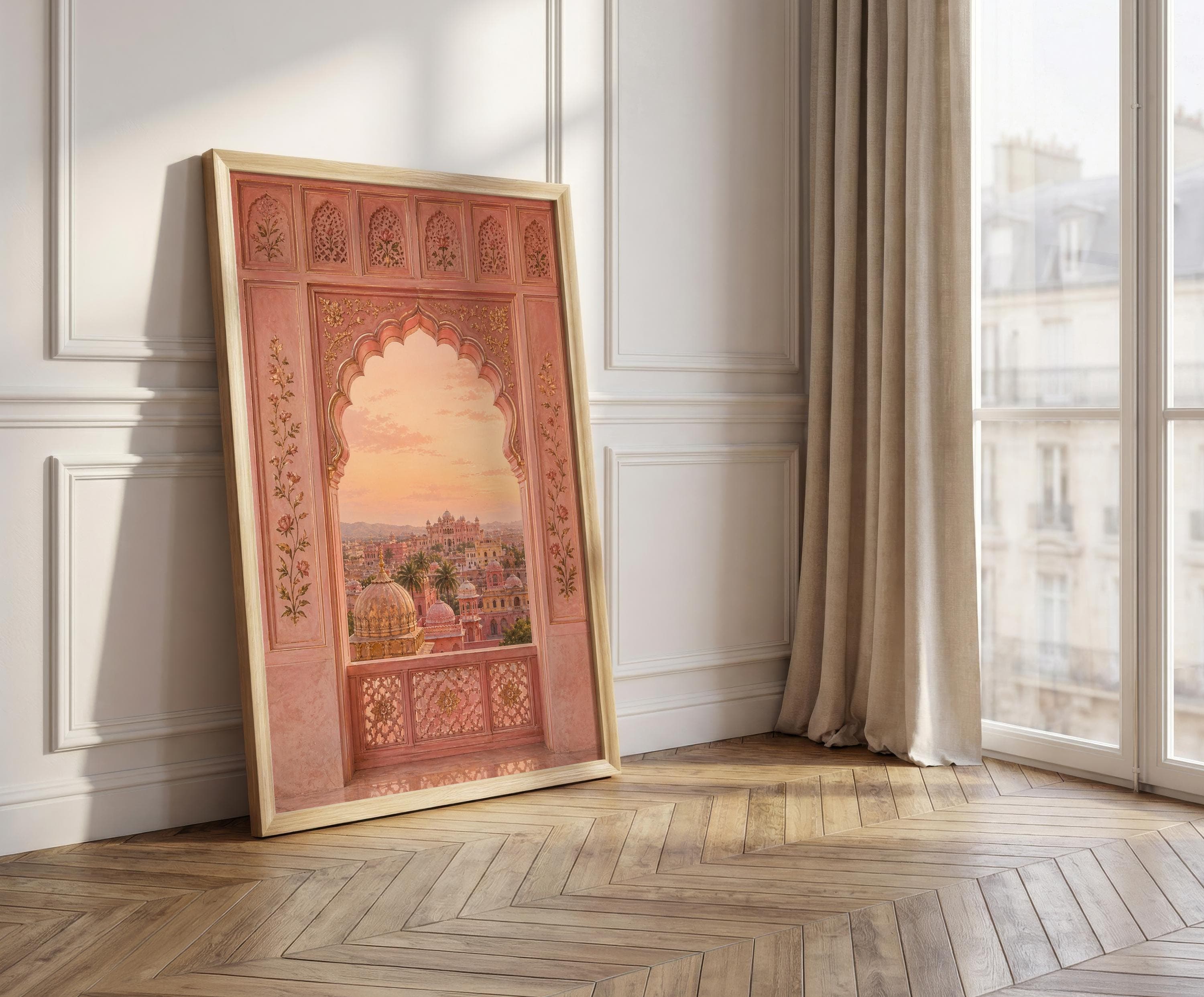 Jaipur Pink City Window Wall Art, Rajasthani Palace View Print, Indian Arch Poster, Mughal Architecture Decor - image 3