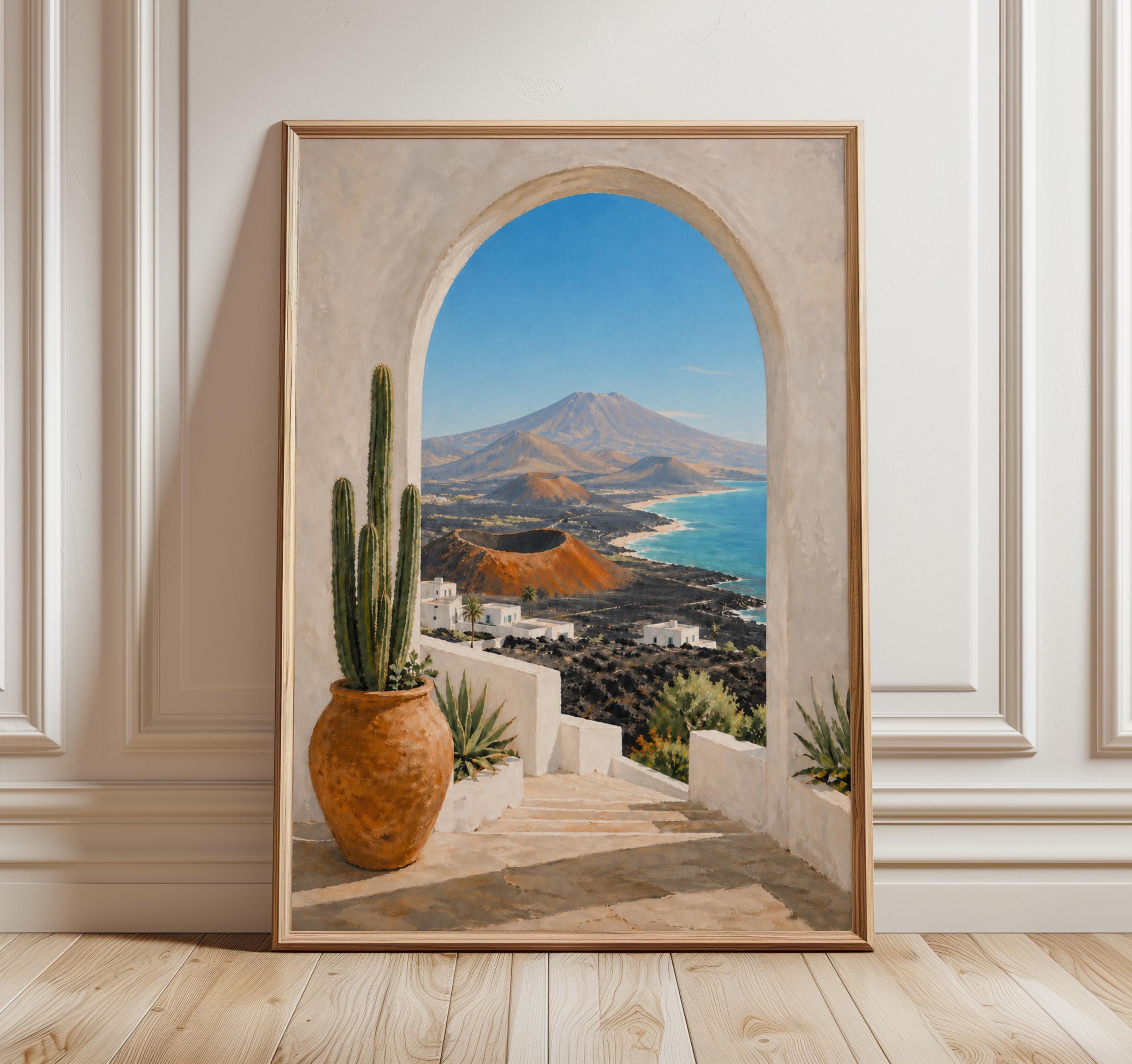 Lanzarote Wall Art Print, Canary Islands Volcano Painting, Cactus Coastal Landscape, Mediterranean Travel Poster Decor