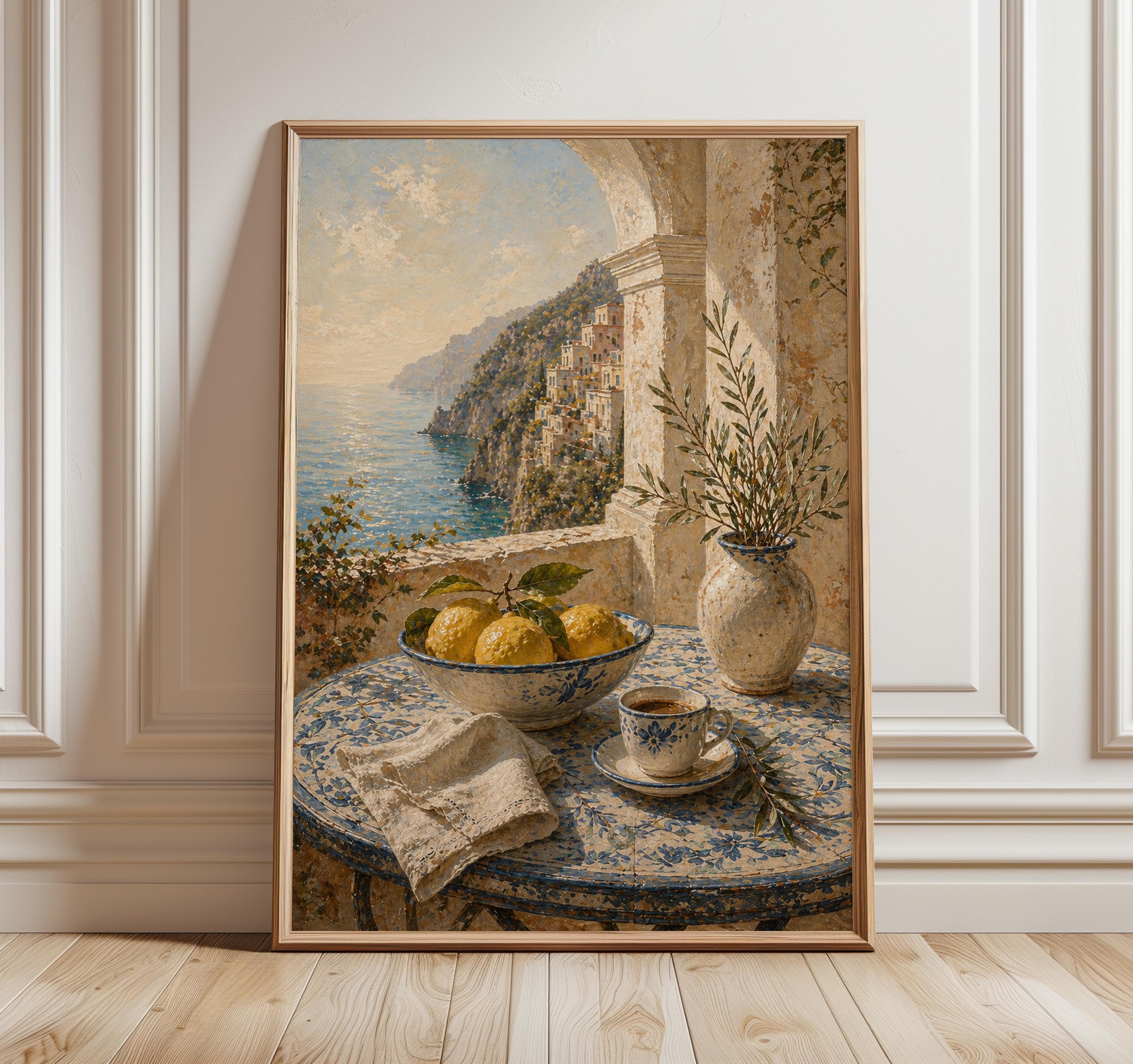 Amalfi Coast Wall Art Print, Italian Lemon Still Life Poster, Mediterranean Kitchen Decor, Blue Ceramic Table Art