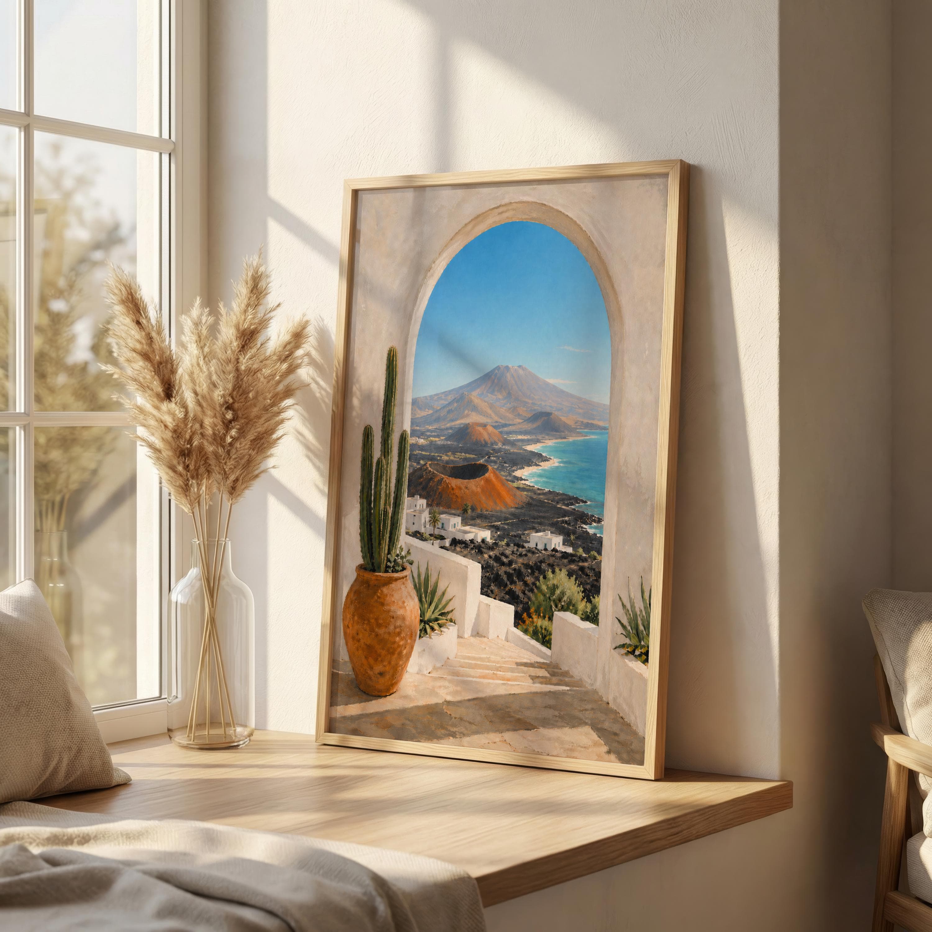 Lanzarote Wall Art Print, Canary Islands Volcano Painting, Cactus Coastal Landscape, Mediterranean Travel Poster Decor - image 4