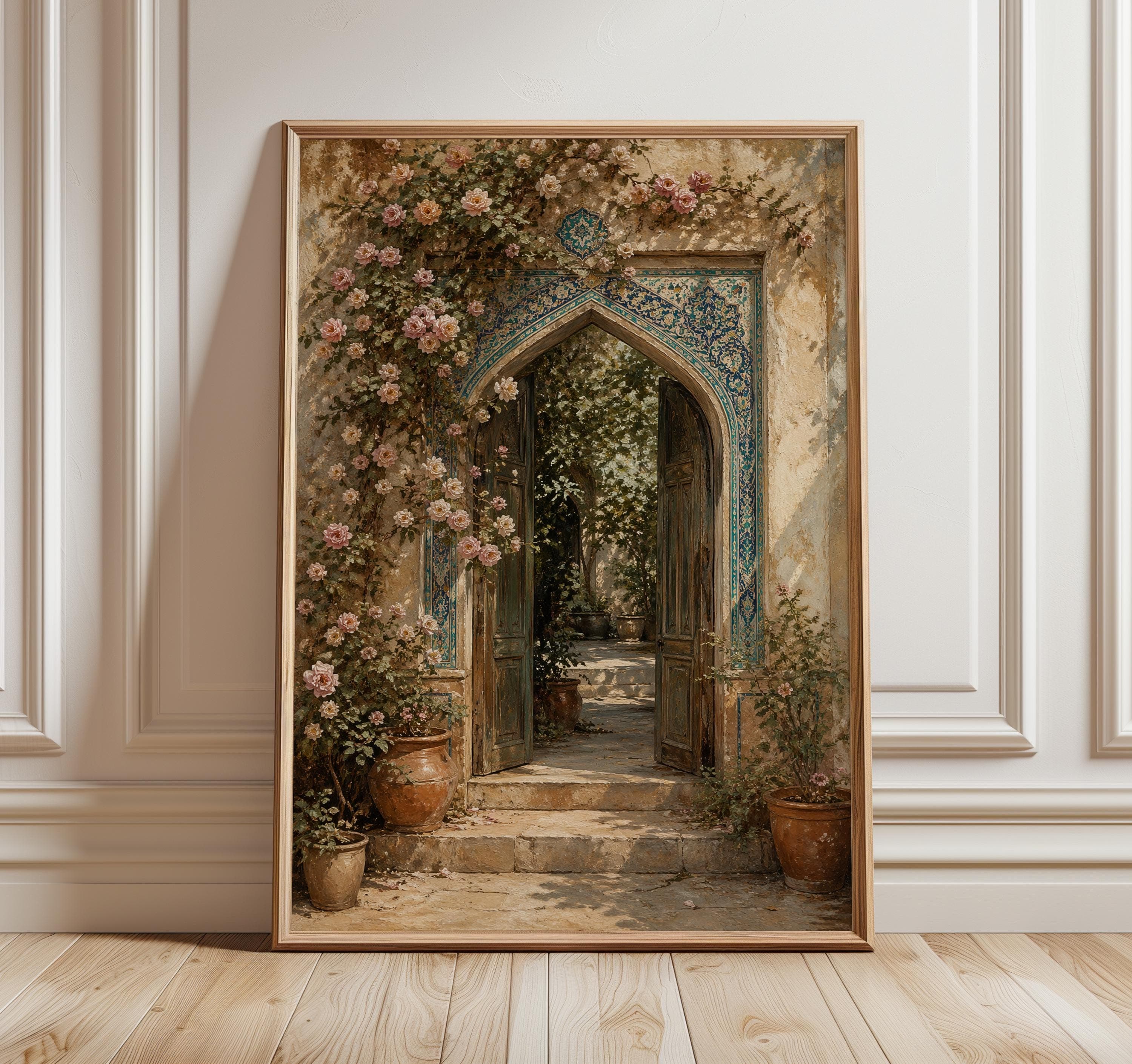 Persian Doorway Wall Art, Rose Courtyard Print, Islamic Arch Decor, Turquoise Tile Door Poster, Romantic Garden Artwork