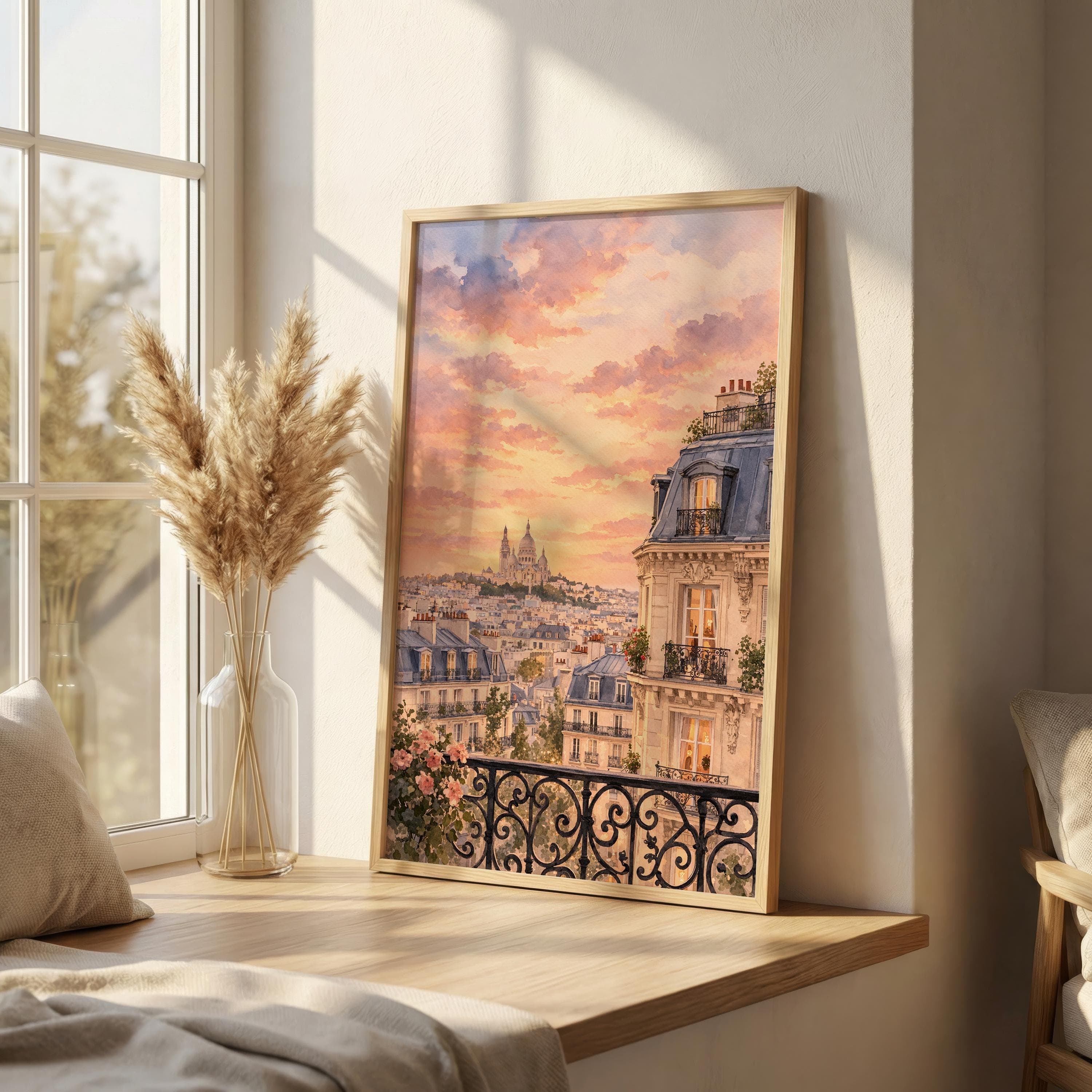 Paris Rooftop Wall Art Print, Romantic Paris Sunset Watercolor, Sacre Coeur Poster, French Apartment View Decor, Parisian Cityscape - image 5