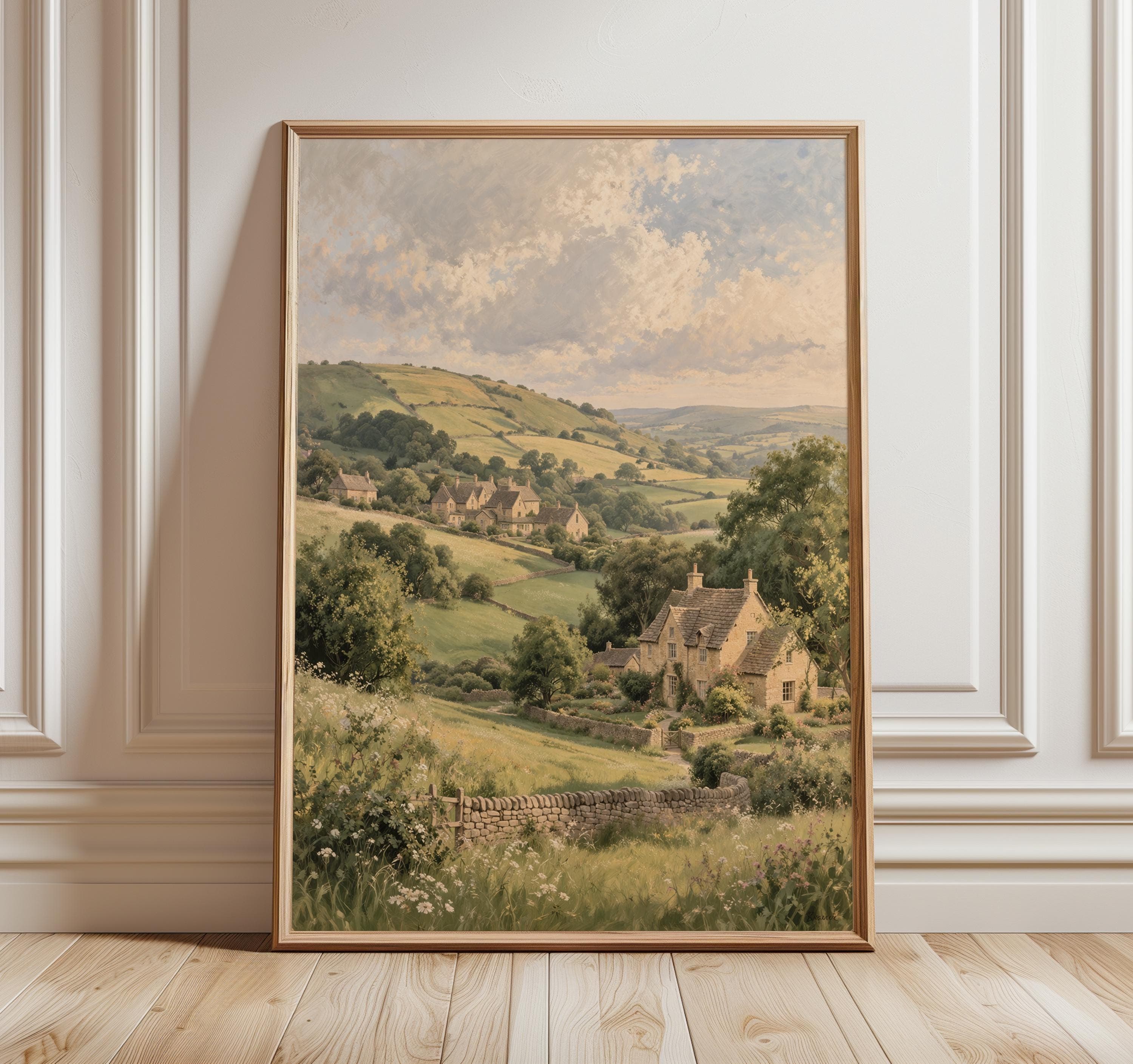 Cotswolds Landscape Print, English Countryside Wall Art, Rolling Hills Painting, Cottage Meadow Decor, Rustic Village Art