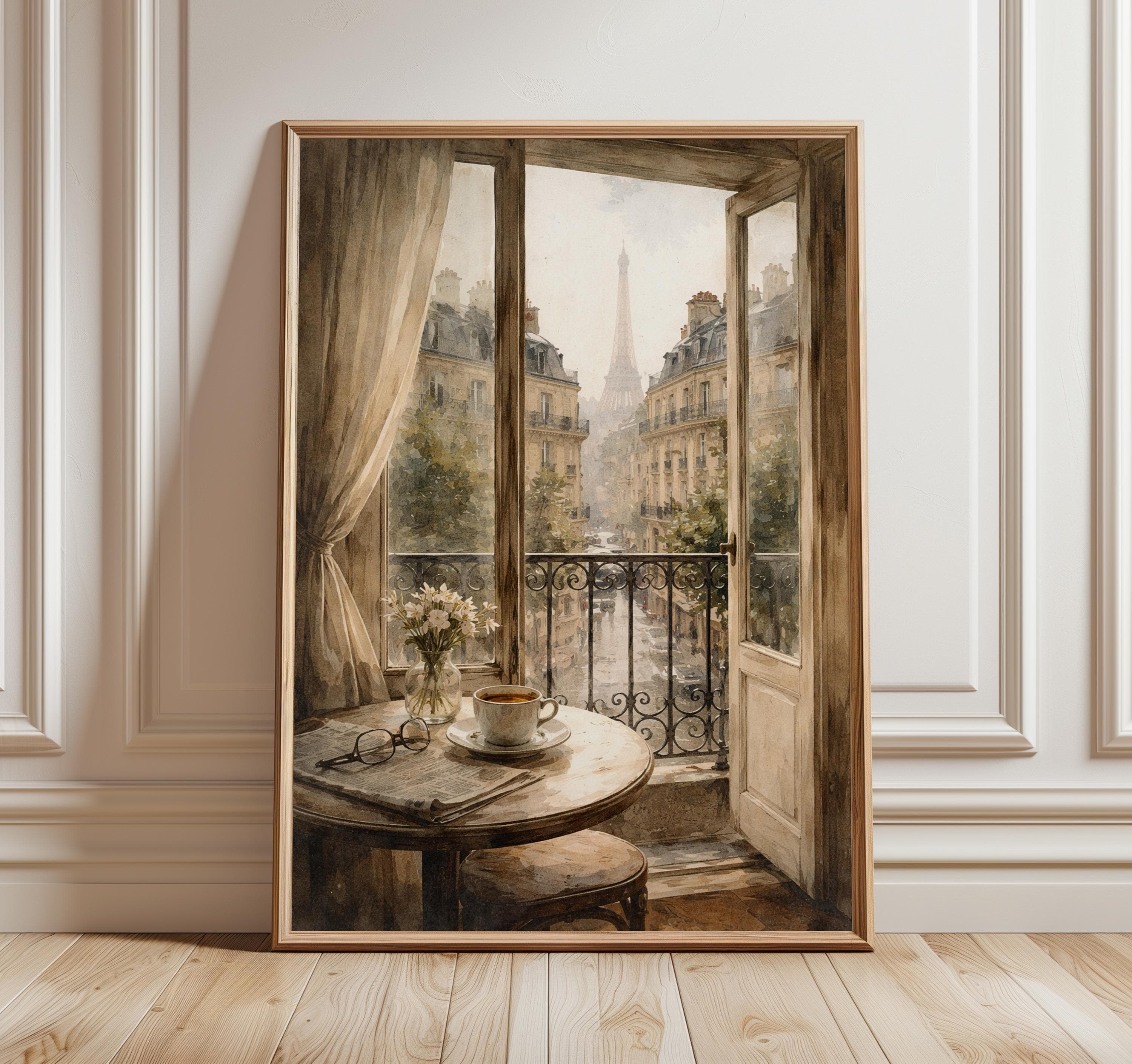 Paris Cafe Window Print, Paris Wall Art, French Apartment View, Rainy Paris Watercolor, Coffee Wall Decor, Romantic Neutral Art
