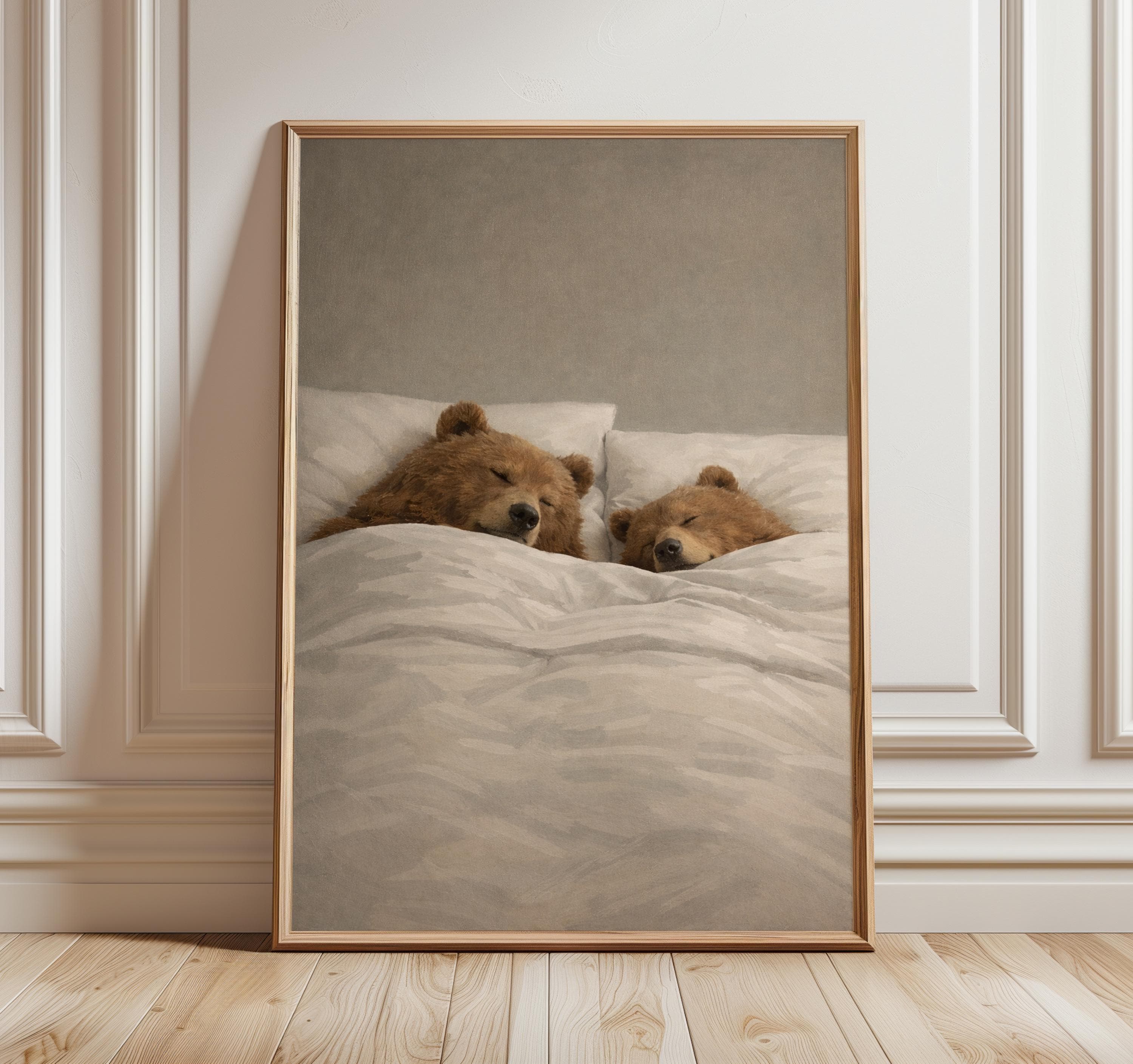 Sleeping Bears Art Print – Cozy Animal Couple, Neutral Bedroom Decor