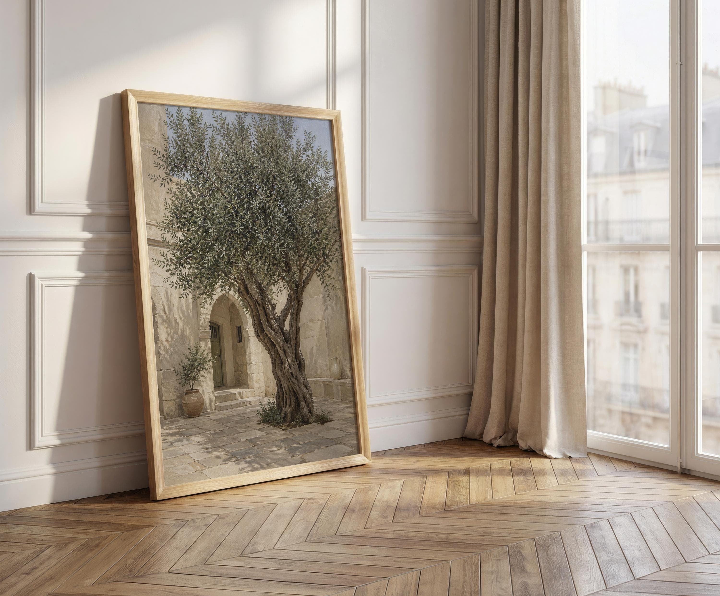 Olive Tree Courtyard Print, Neutral Mediterranean Wall Art, Beige Stone Architecture Painting, Rustic Fine Art Decor - image 3