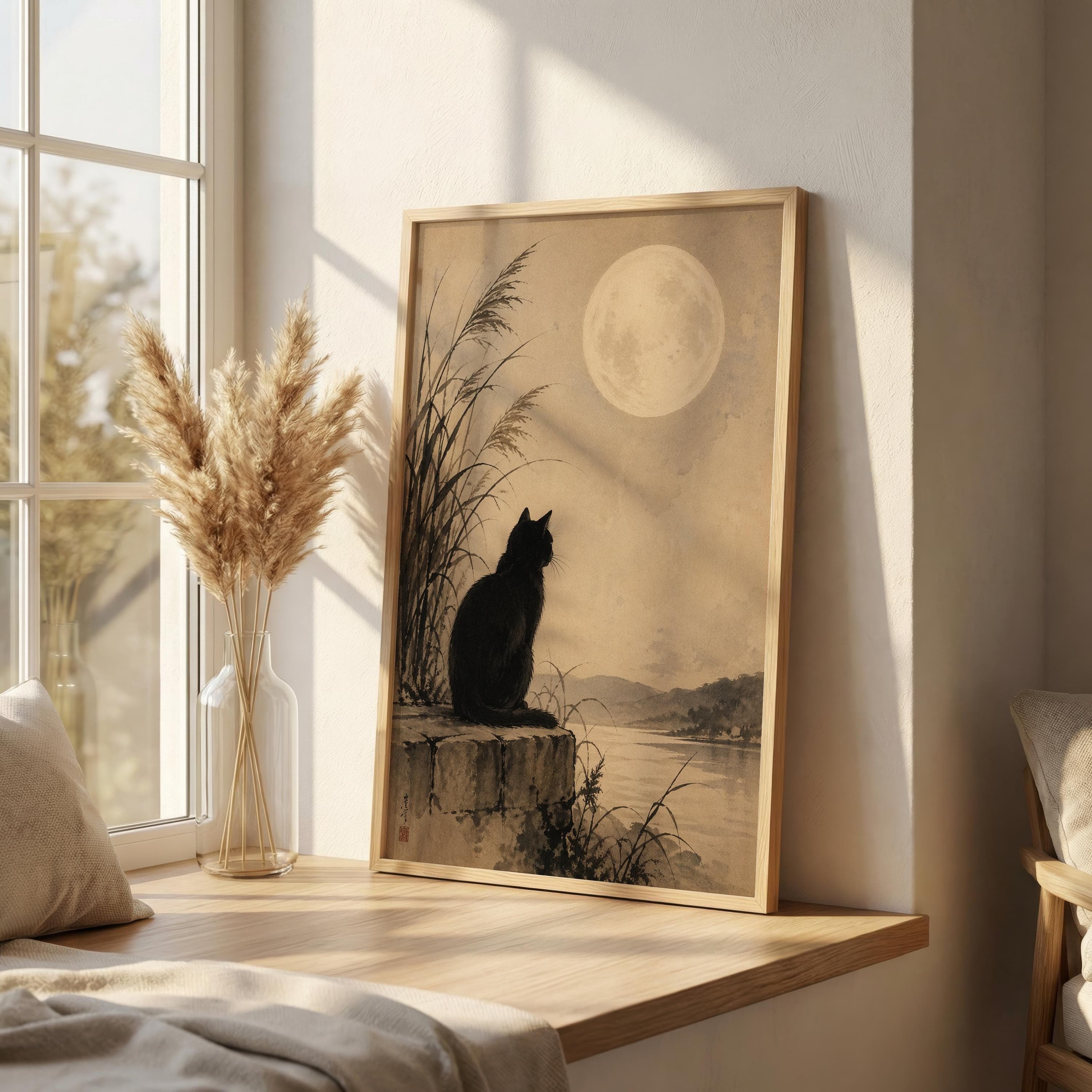 Black Cat Wall Art, Japandi Moon Print, Zen Cat Artwork, Japanese Style Night Landscape, Minimalist Neutral Animal Decor - image 4
