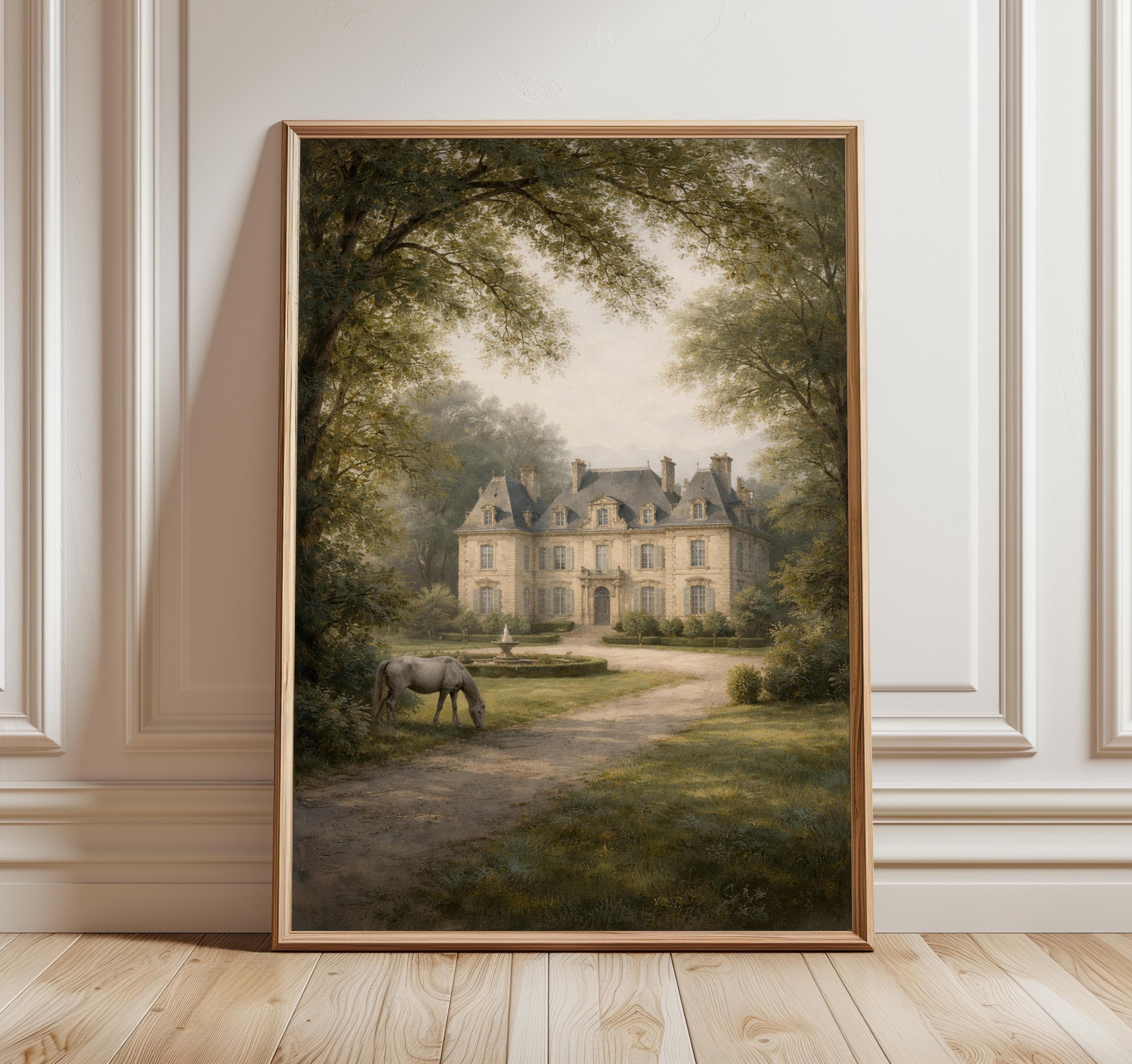 French Chateau Wall Art Print, Elegant Manor House Landscape, Luxury Estate Garden Artwork, Classic European Architecture Decor
